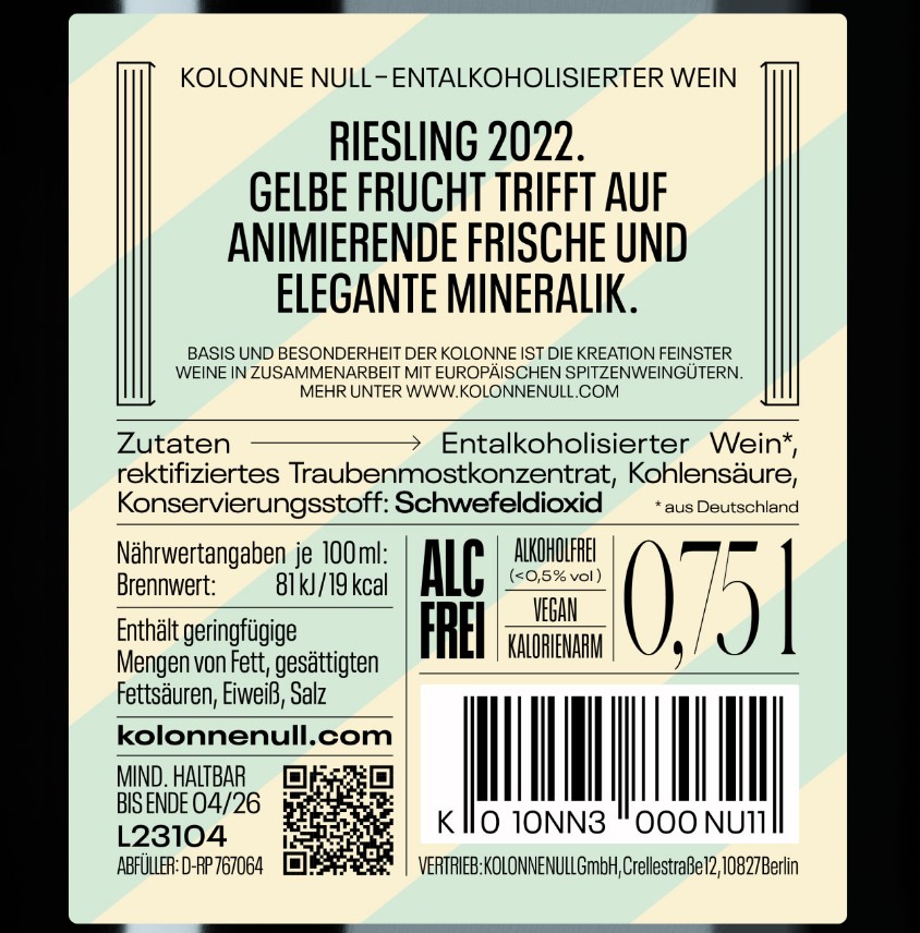 Riesling alkoholfreier Wein (6 x 0,75 L) KOLONNE NULL |  Weißwein trocken & alkoholfrei | Vegan & kalorienarm