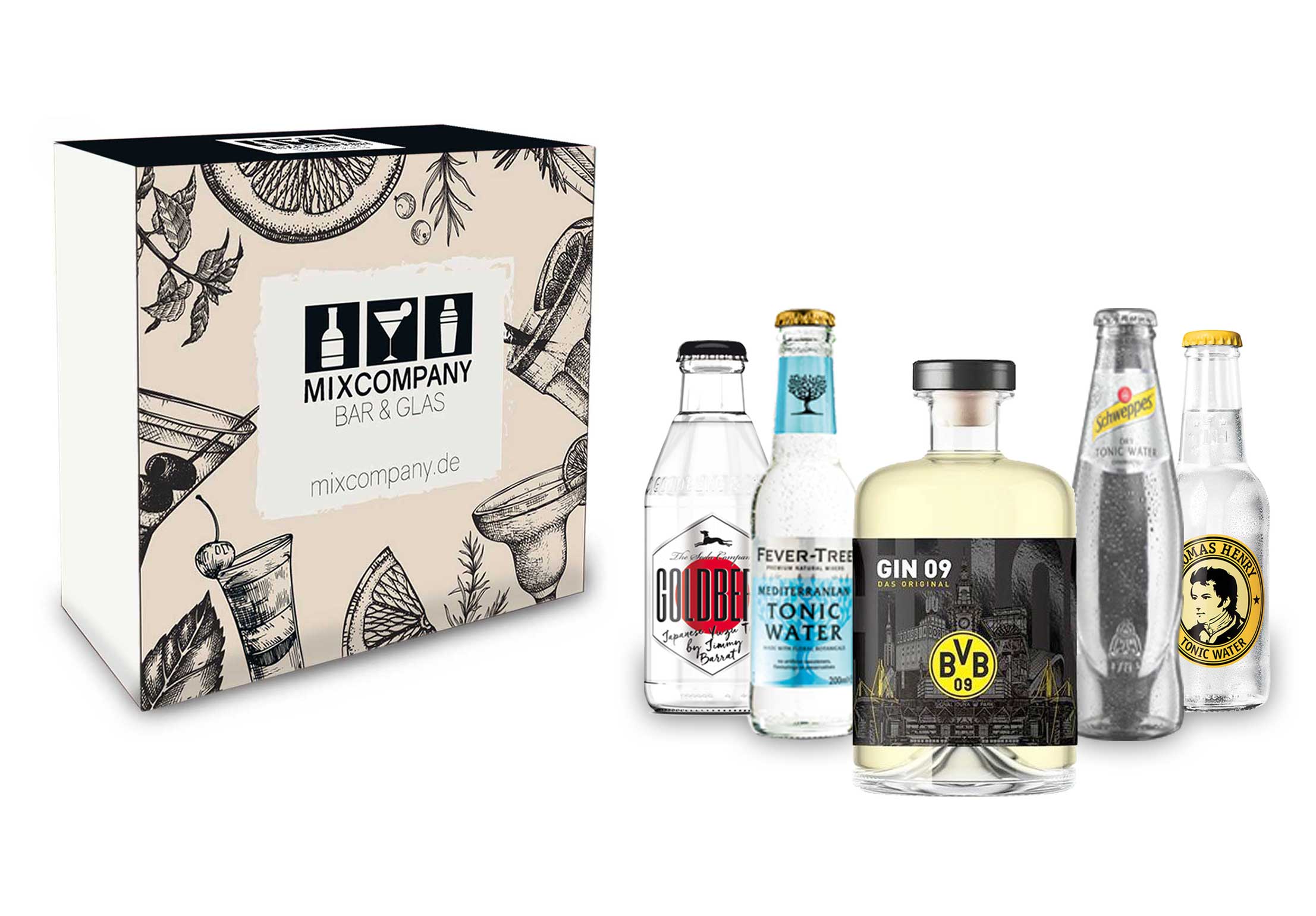 BVB Gin Geschenkset - Gin 09 Das Original 0,5l (43% Vol) + Goldberg Yuzu Fever Tree Mediterranean Schweppes Dry Thomas Henry Tonic je 200ml inkl. Pfand MEHRWEG- [Enthält Sulfite]