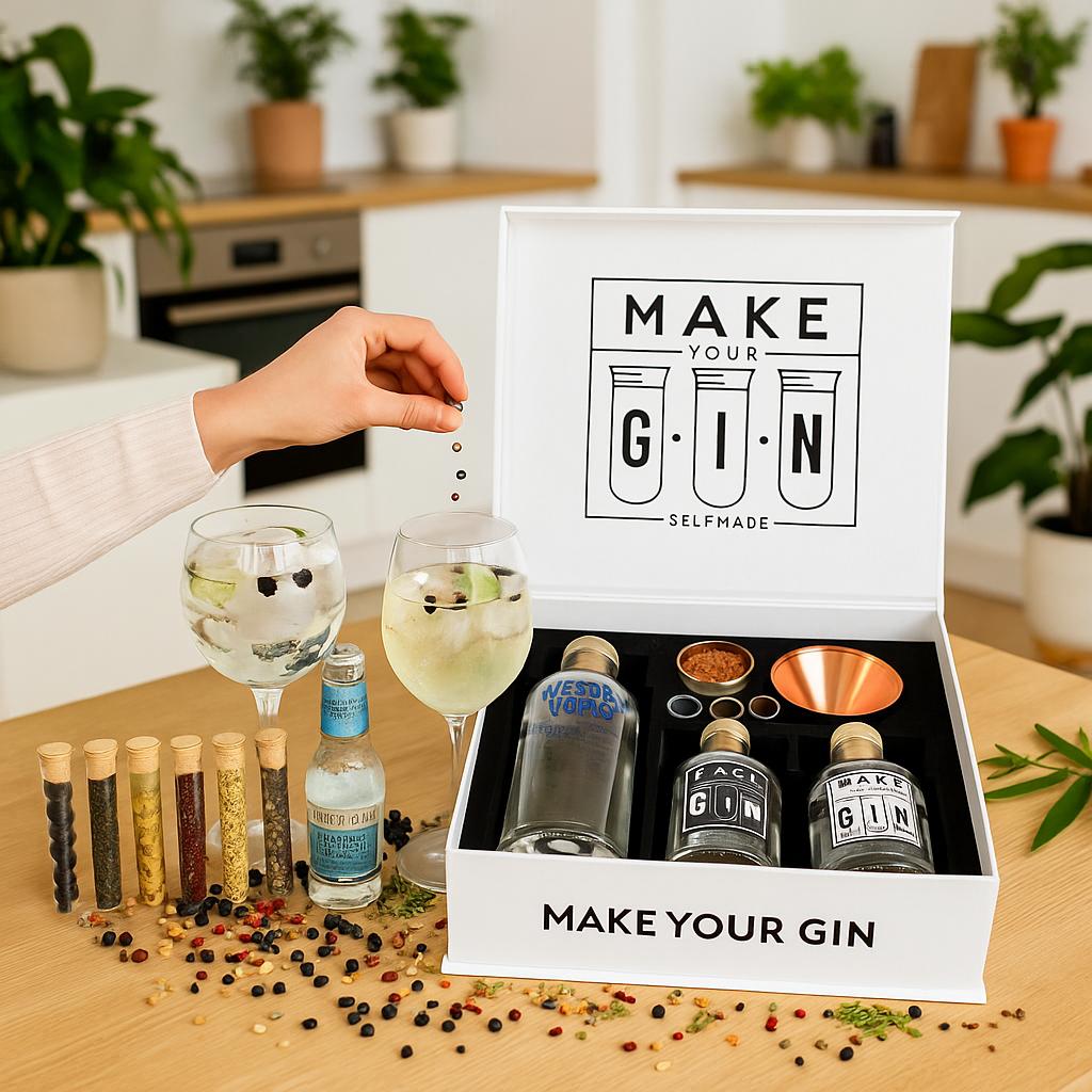 Weiße Make Your Gin Geschenkbox – Edles DIY Gin Set mit Absolut Vodka, Fever-Tree Mediterranean Tonic & Botanicals – Gin zum Selbermachen – Perfektes Geschenk für Genießer & Gin-Fans