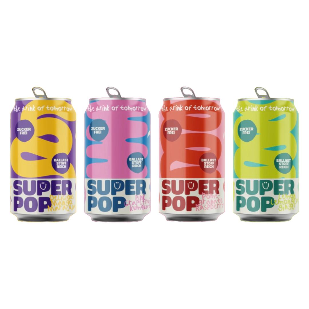VORVERKAUF - Ab 01.09.2025 lieferbar -Super Pop 4er Tasting Set – von Pamela Reif – Funktionale Limonade mit Apfelessig & Ballaststoffen – 4 Sorten je 330ml – Zuckerfrei, vegan, kalorienarm