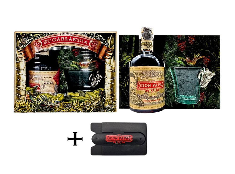 Don Papa Set 3 teilig Rum 0,7l (40% Vol) Don Papa in Welcome to Sugarlandia Geschenkverpackung mit Don Papa Glas / Tumbler + Handy Karten/Halterung zum Aufkleben [Enthält Sulfite]