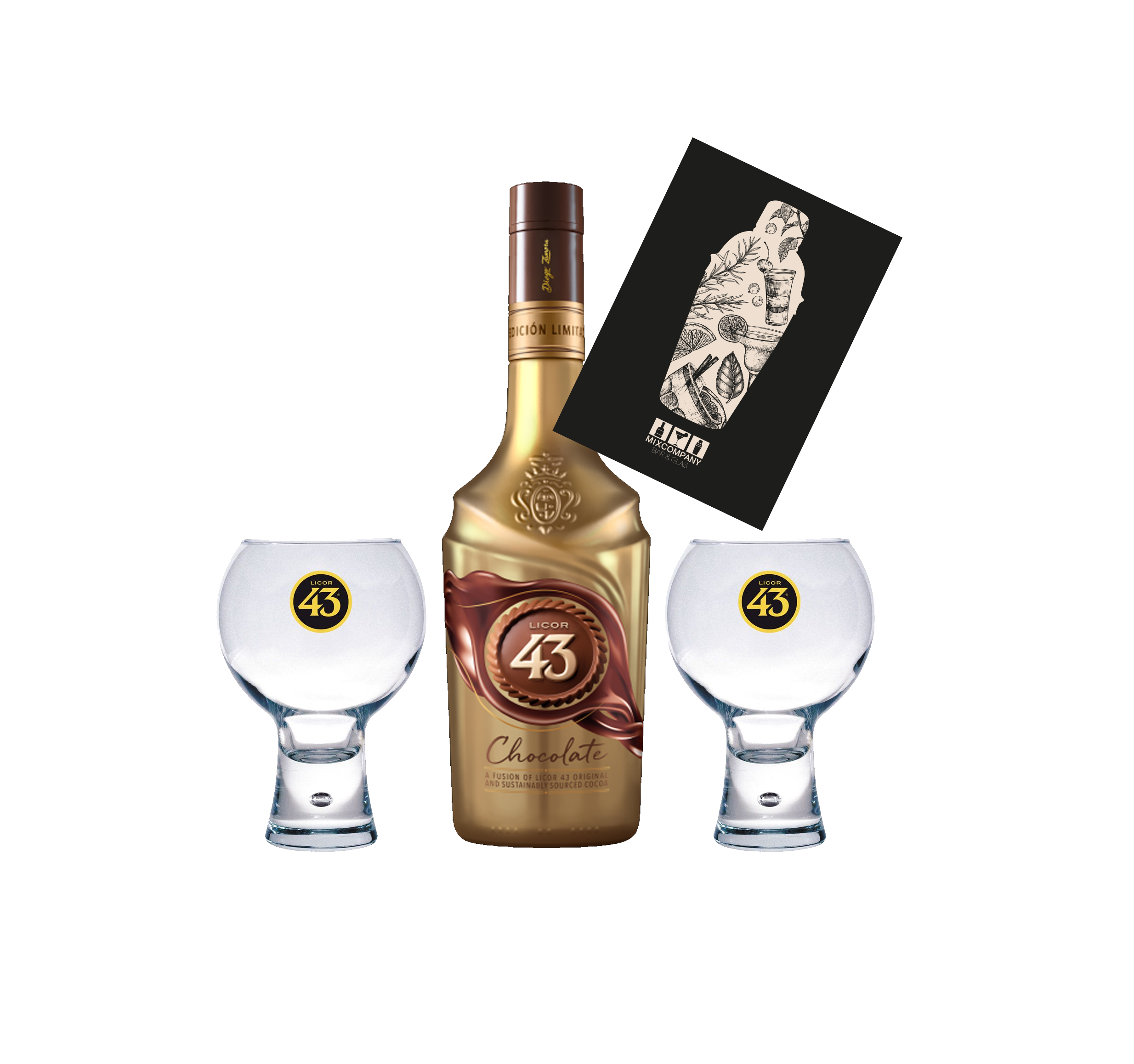 Licor 43 Set - Chocolate 0,7L (16% Vol) + 2x Licor 43 Ballonglas Gläser mit Eichung Schokoladen Likör Logo Gelb - [Enthält Sulfite]