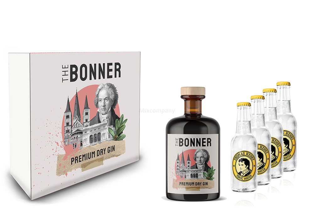 The Bonner Geschenkset - The Bonner Premium Dry Gin 0,5l (41% Vol) + 4x Thomas Henry Tonic Water 200ml inkl. Pfand MEHRWEG- [Enthält Sulfite]