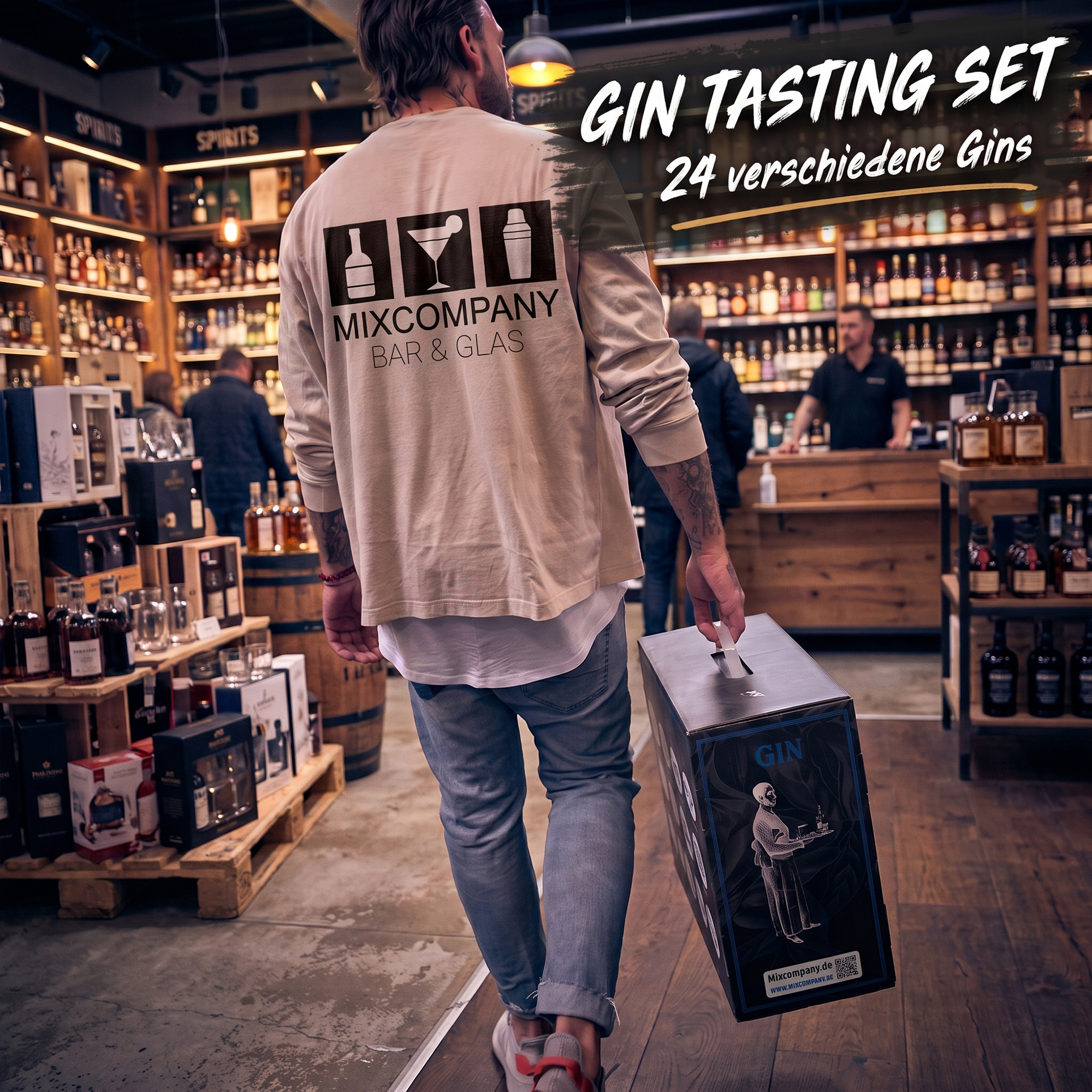 Kunde trägt das hochwertige Mixcompany Gin Tasting Set mit 24 verschiedenen Gins in einer Bar-Atmosphäre.