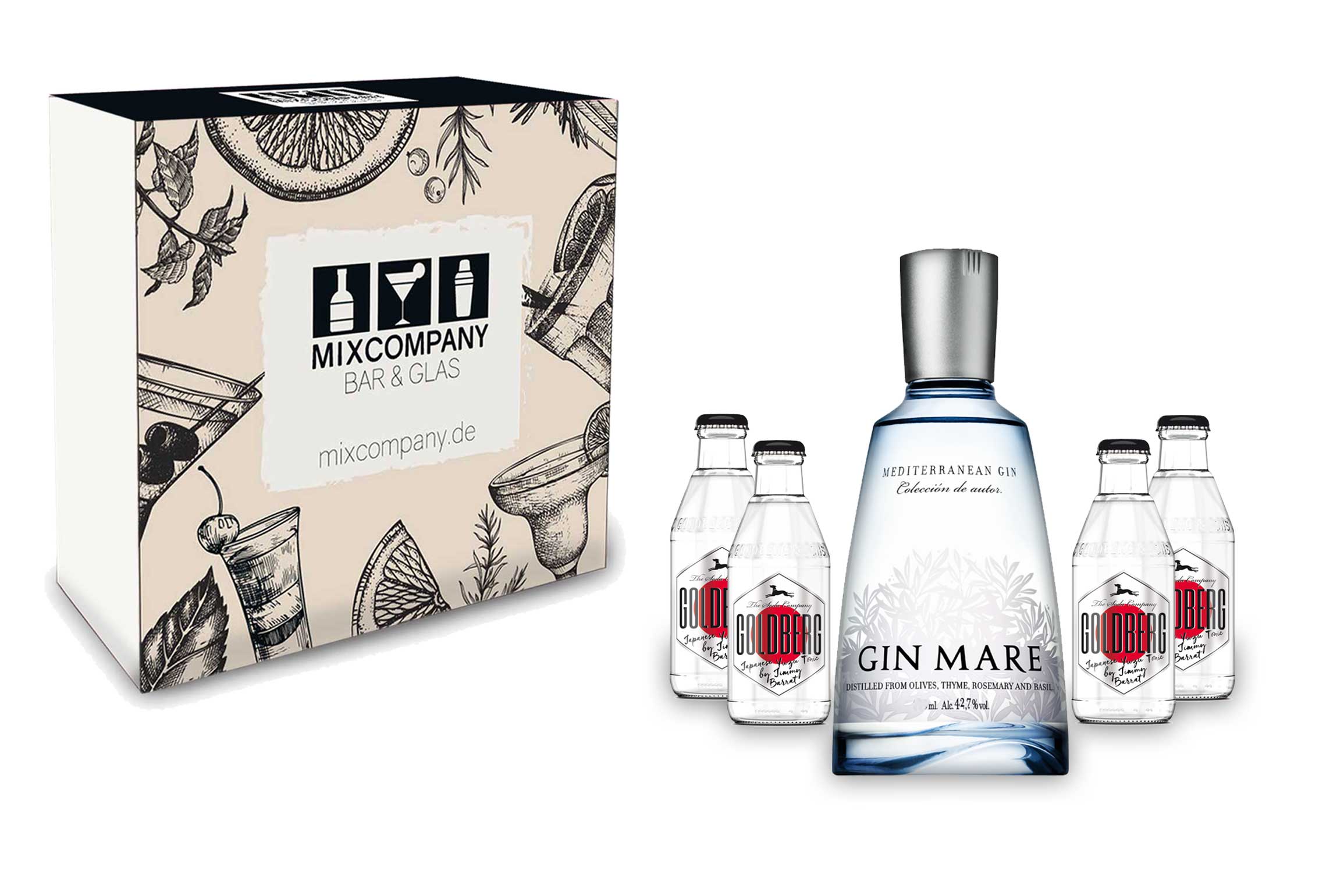 Gin Tonic Set Giftbox Geschenkset - Gin Mare Mediterranean Gin 0,5l (42,7% Vol) + 4x Goldberg Japanese Yuzu Tonic Water 200ml inkl. Pfand MEHRWEG -[Enthält Sulfite]