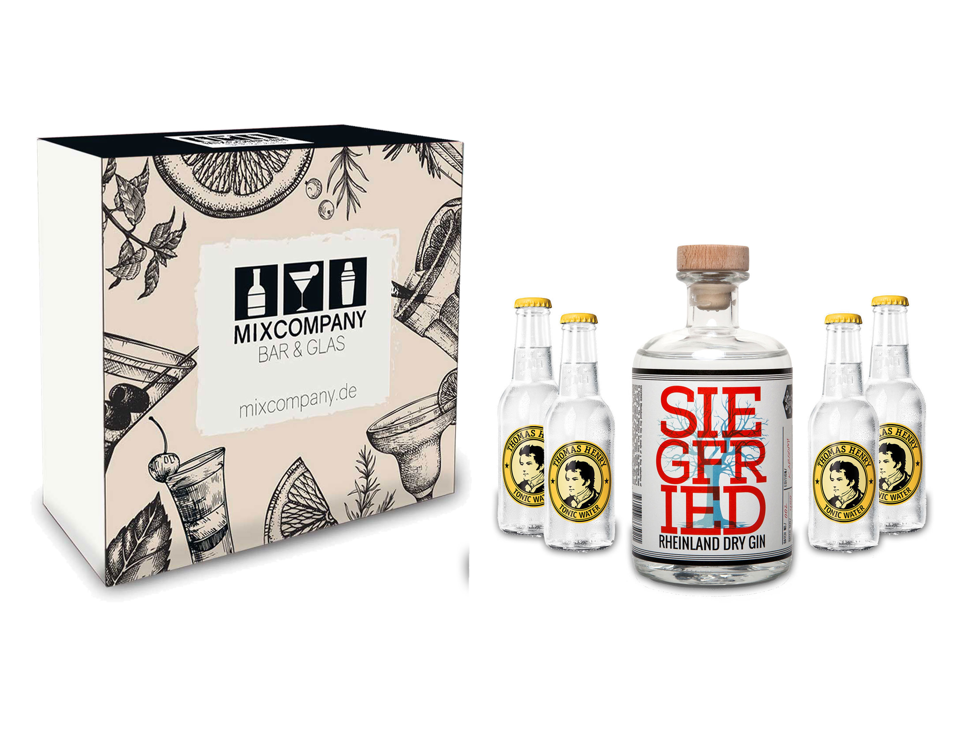 Siegfried Gin Tonic Set / Geschenkset - Siegfried Rheinland Dry Gin 500ml (41% Vol.) + 4x Thomas Henry Tonic Water 200ml - Inkl. Pfand MEHRWEG