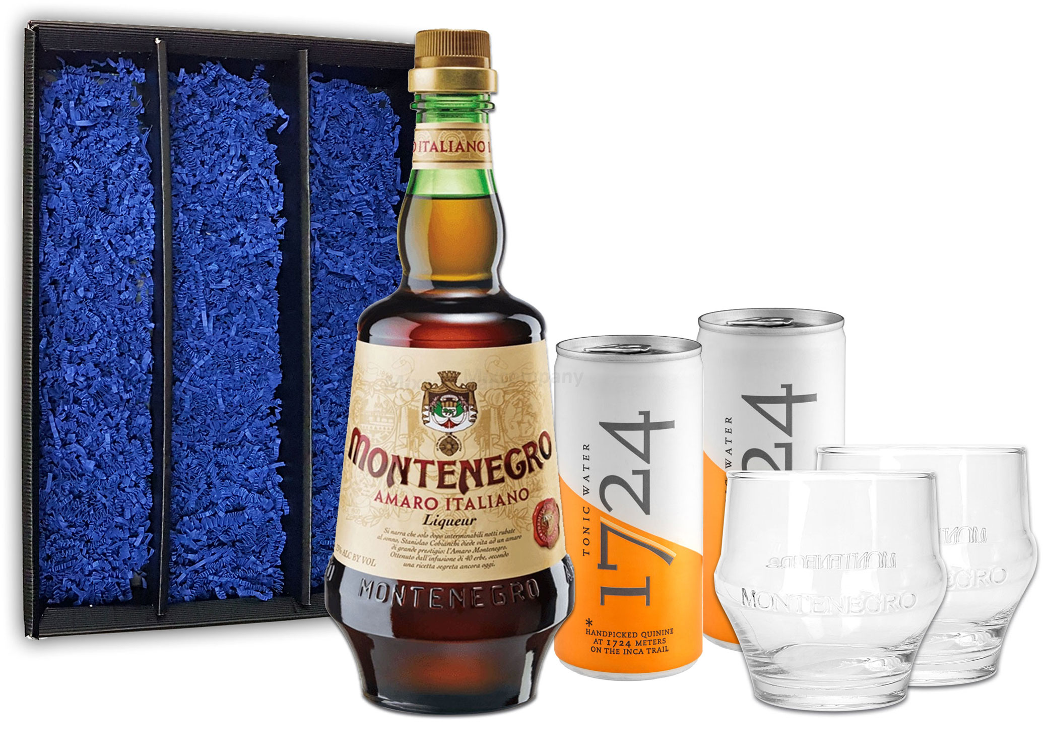 Montenegro & Tonic Geschenkset - Montenegro Amaro Italiano Likör 0,7L (23% Vol) + 2x 1724 Tonic Water 200ml inkl. Pfand EINWEG + 2x Gläser Tumbler Glas