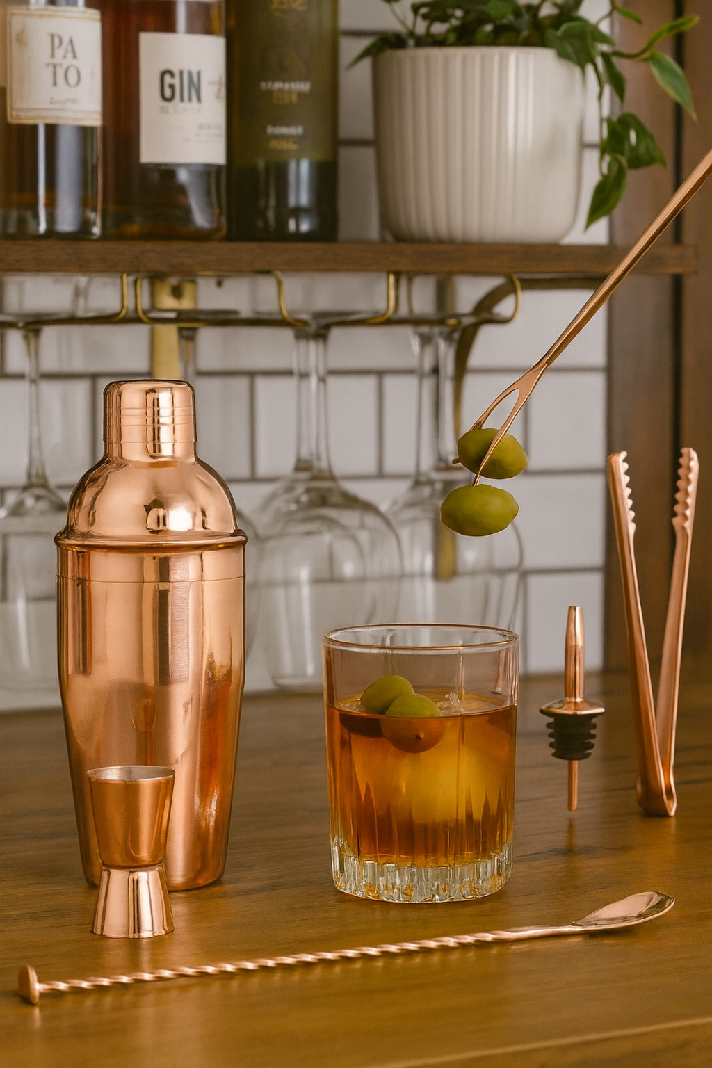 Cocktail Barset aus Kupfer – 6-teiliges Set in Roségold mit Shaker, Jigger, Barsieb, Barlöffel, Ausgießer & Eiszange