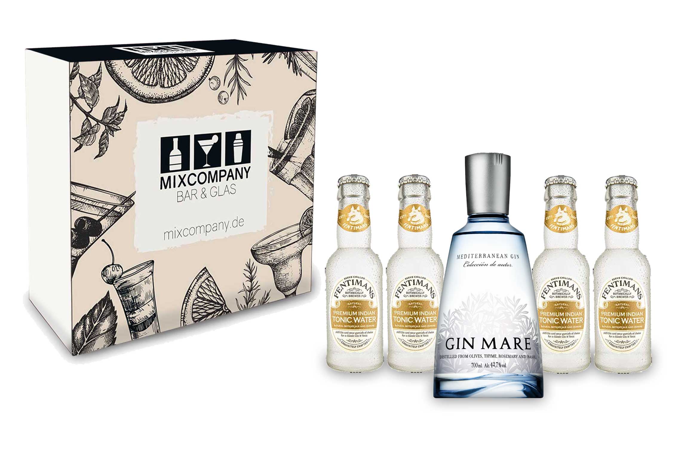 Gin Tonic Giftbox Geschenkset - Gin Mare 0,7l 700ml (42,7% Vol) + 4x Fentimans Tonic Water 200ml inkl. Pfand MEHRWEG + Geschenkverpackung