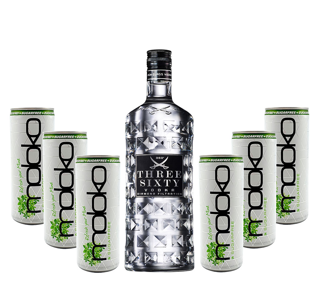 Three Sixty Vodka Wodka Set - Three Sixty Vodka 0,7L 700ml (37,5% Vol) + 6x Moloko Sugarfree 250ml inkl. Pfand - EINWEG- [Enthält Sulfite]