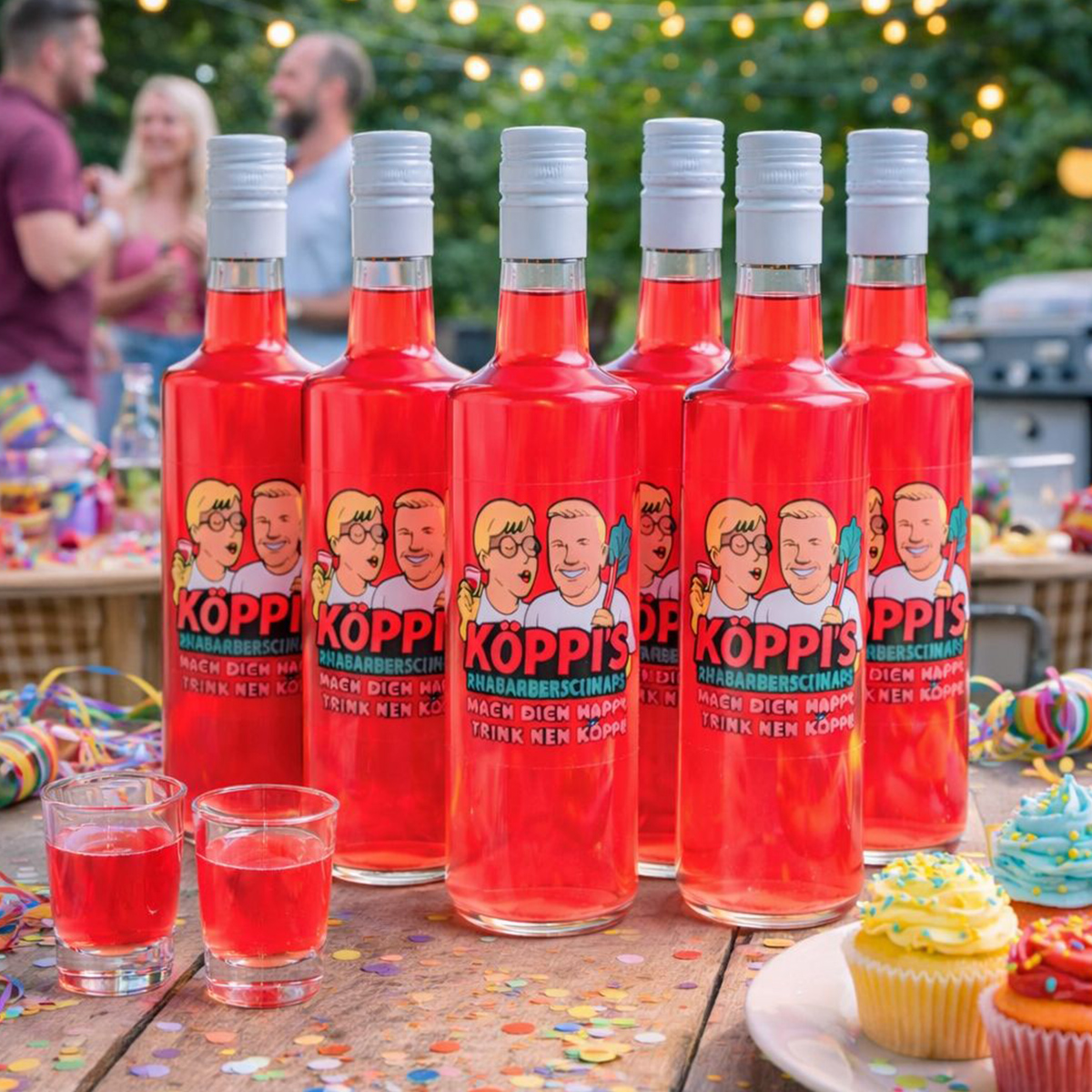 Sechs Flaschen KÖPPI'S Rhabarberschnaps stehen auf einem hölzernen Tisch im Freien. Im Vordergrund sind bunte Cupcakes und Konfetti zu sehen, im Hintergrund eine stimmungsvolle Gartenparty mit Lichterketten.