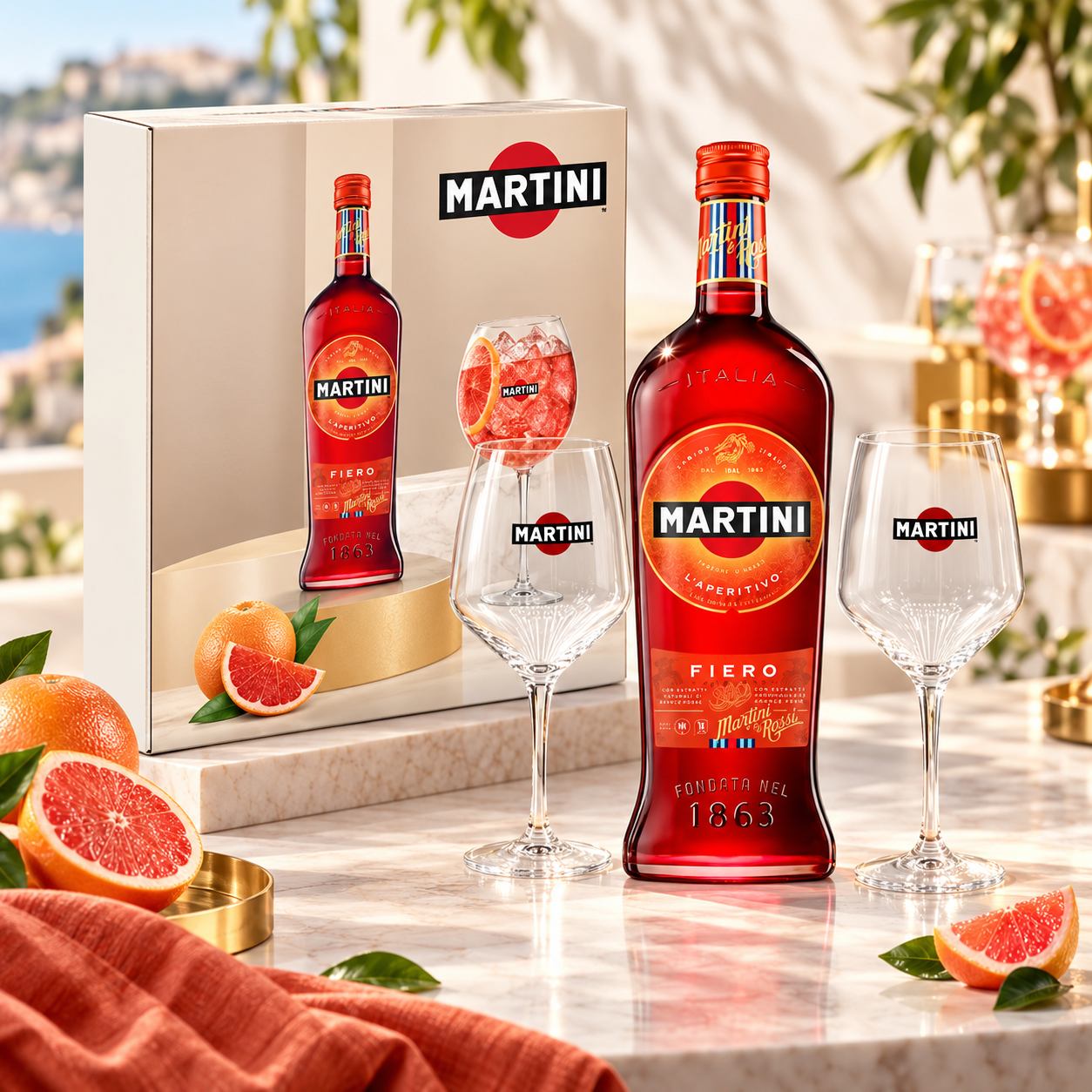 Martini Fiero Geschenkset - Martini Fiero 0,75L 14,4% Alk. + 2 x Martini Gläser nicht geeicht mit Geschenkbox