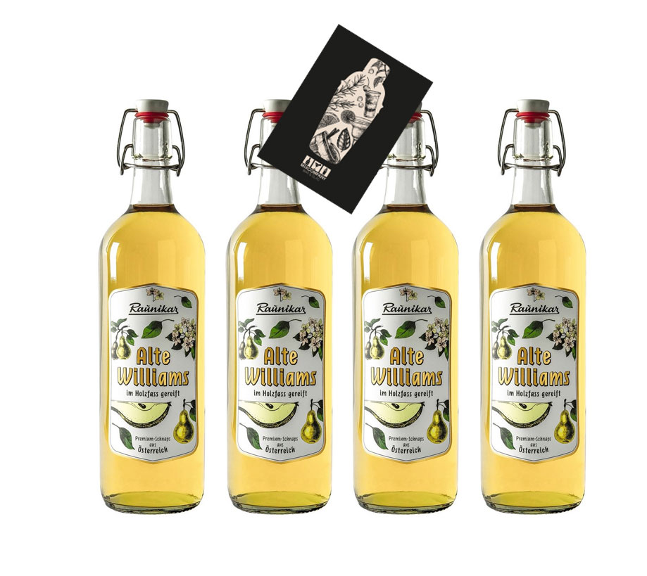 Raunikar - 4er Set Alte Williams Schnaps - 4x 1L (38% Vol)- [Enthält Sulfite]