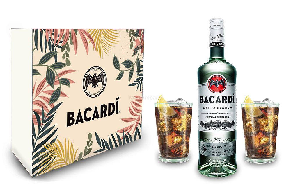 Giftbox Geschenkset Bacardi Carta Blanca Rum 0,7l 700ml (37,5% Vol) + 2xGläser - Longdrink Glas