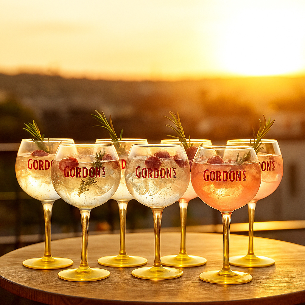 Gordon’s Gin Ballongläser – 6er Set | Original Gordon’s Cocktailgläser mit gelbem Fuß | 300 ml Premium Gin Tonic Gläser