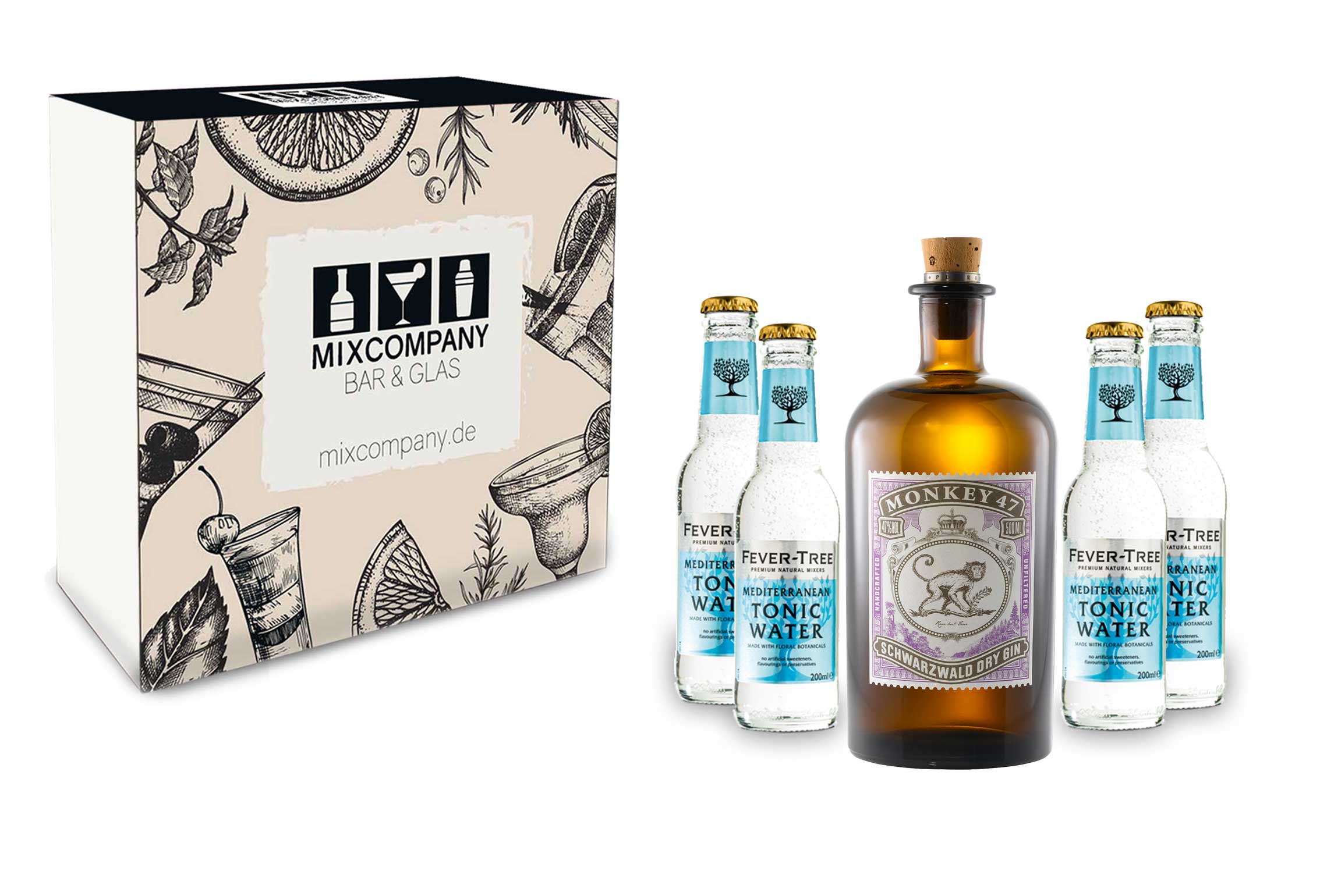 Gin Tonic Giftbox Geschenkset - Monkey 47 Schwarzwald Gin 0,5l (47% Vol) + 4x Fever Tree Mediterranean Tonic Water 200ml inkl. Pfand MEHRWEG -[Enthält Sulfite]
