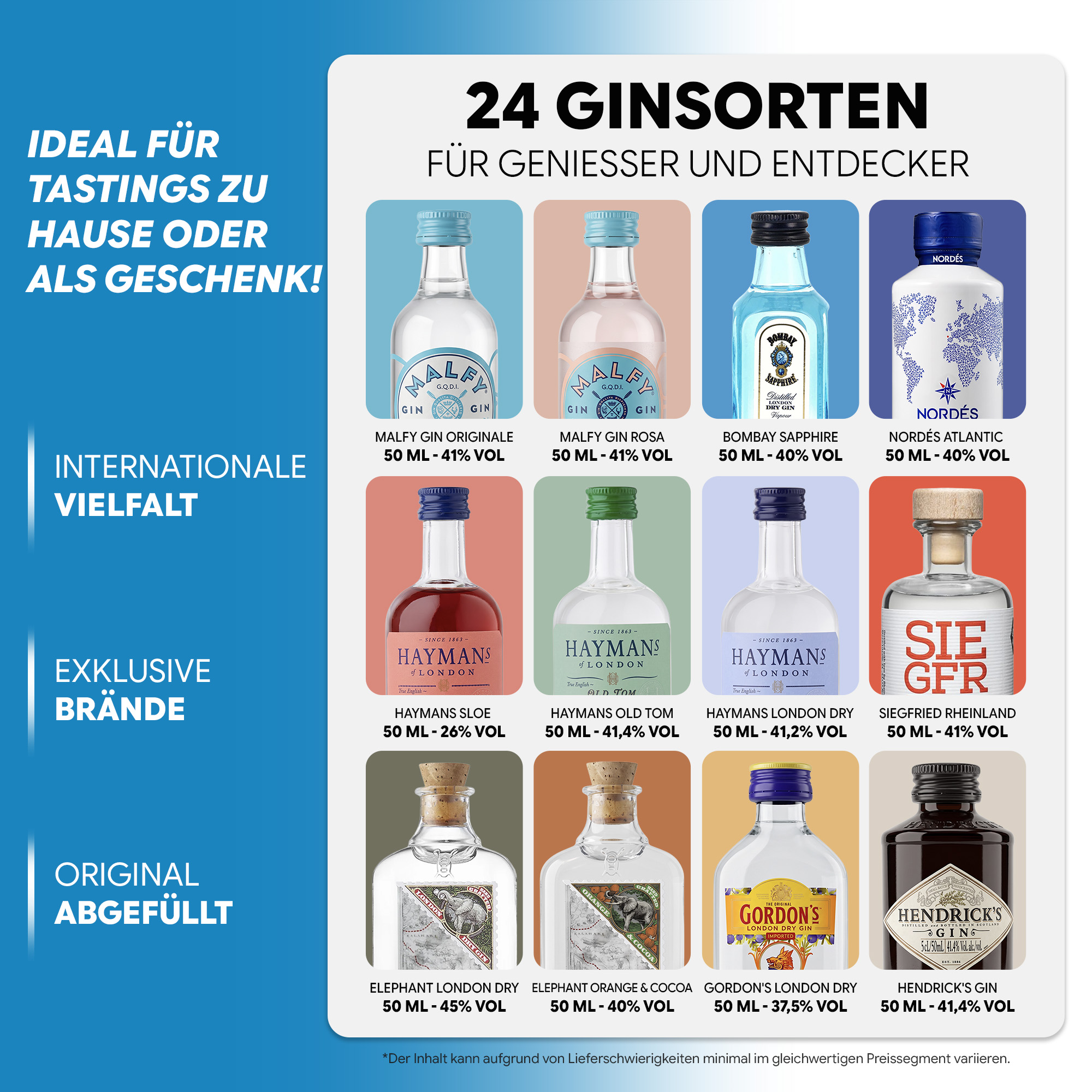 Übersicht der weiteren 12 internationalen Gin-Sorten wie Malfy, Bombay Sapphire, Siegfried Rheinland und Hendrick's Gin.