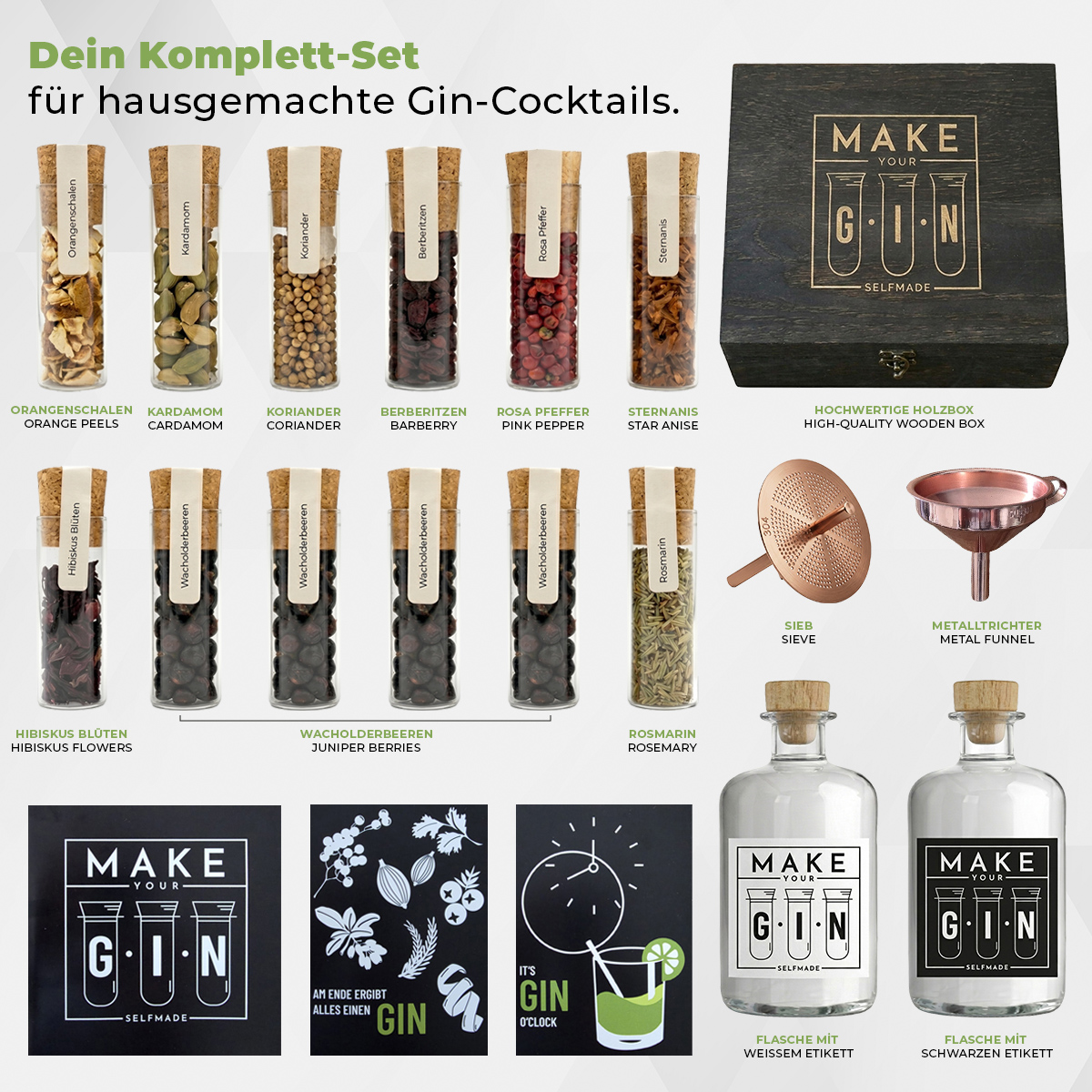 Infografik des Gin-Baukastens zeigt den gesamten Inhalt: 12 Botanicals-Röhrchen, eine Holzbox, ein Kupfersieb, einen Metalltrichter, zwei Glasflaschen und drei Rezeptkarten mit deutscher Beschriftung.