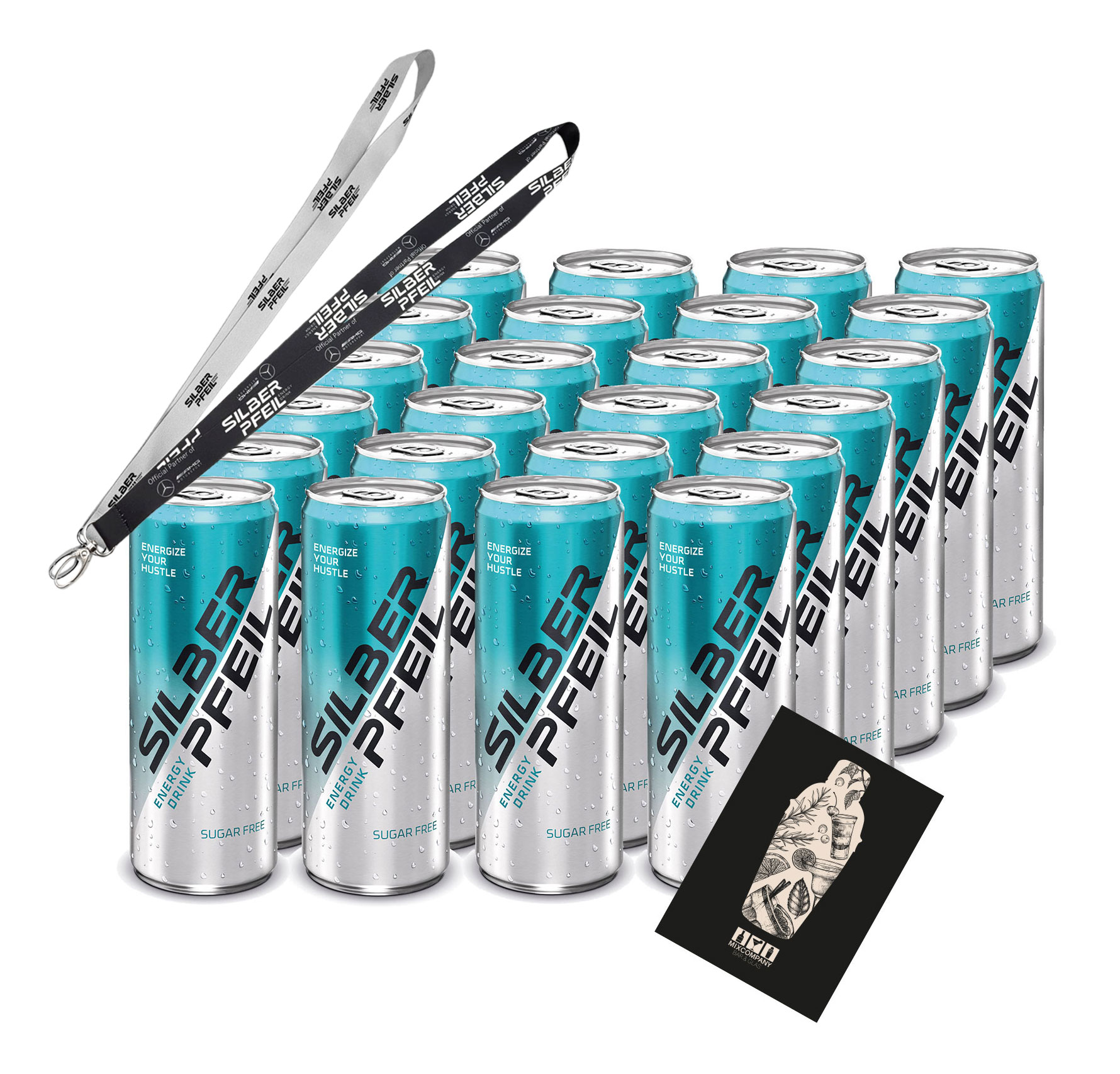 Silberpfeil 24er Set Energy Drink Sugarfree Zuckerfrei 24x 0,25L inkl. Pfand EINWEG + 1x Schlüsselband Lanyard