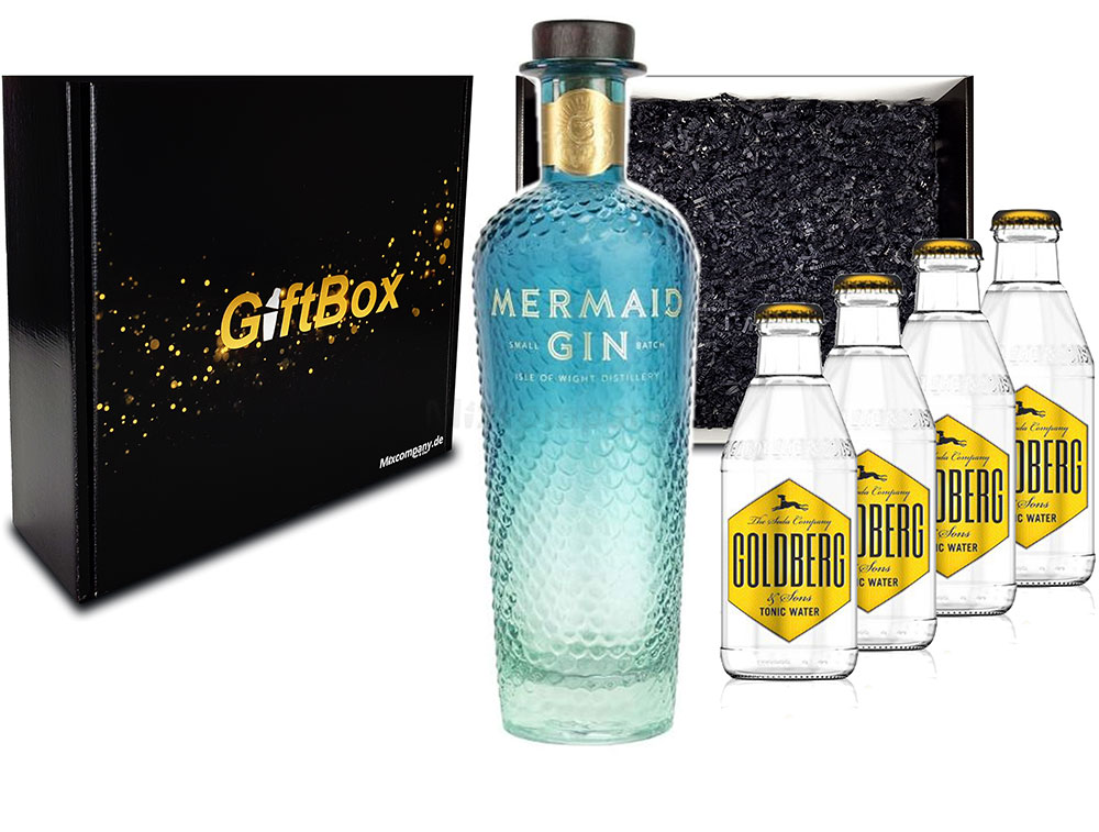Mixcompany Gin Tonic Giftbox Geschenkset - Mermaid Gin 0,7L 700ml (42% Vol) + 4x Goldberg Tonic Water 0,2l MEHRWEG inkl. Pfand Gin Tonic Bar- [Enthält Sulfite]