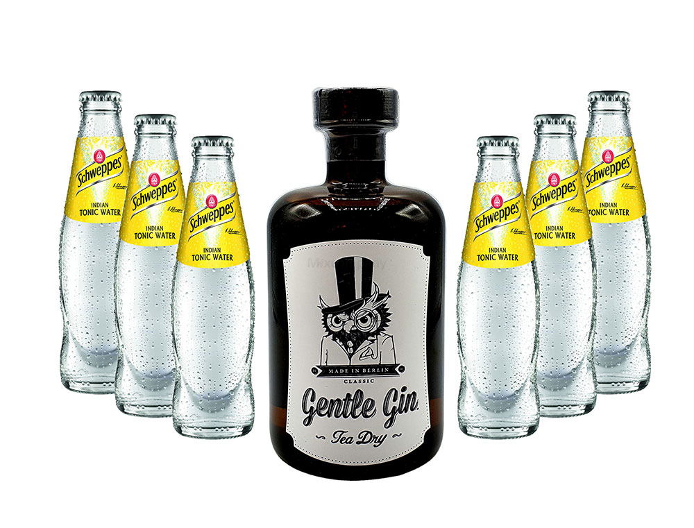 Gin Tonic Set - Gentle Gin Tea Dry 0,5l (47% Vol) + 6x Schweppes Indian Tonic Water 200ml inkl. Pfand MEHRWEG -[Enthält Sulfite]