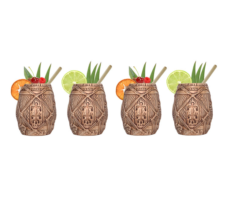 Plantation Rum 4er Set Tiki Mugs - 4x Tiki Becher Tonbecher für Rumtrinker Cocktailglas tropisches Design