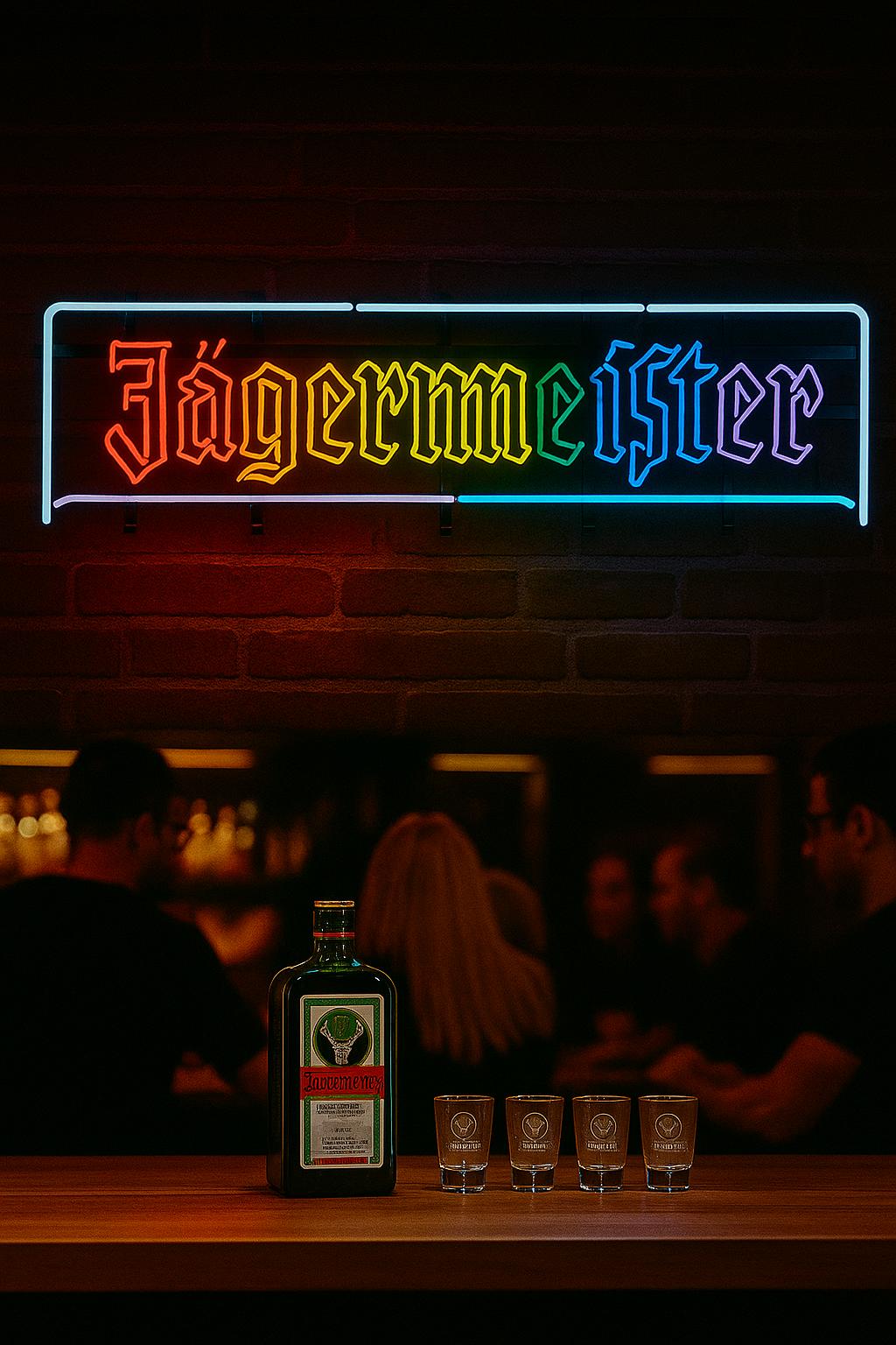 Jägermeister Neon-Leuchtreklame Rainbow Edition – LED Bar Schild 1300x350 mm – bunte Wanddeko für Partykeller & Bar – Kult-Design – Leuchtschild Deko