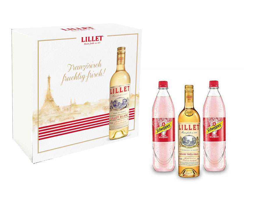 Lillet Wild Berry Set / Geschenkset / Gesschenkbox - Lillet Blanc Aperitiv de France 750ml (17% Vol) + 2 Schweppes Wildberry 1L - Inkl. Pfand MEHRWEG