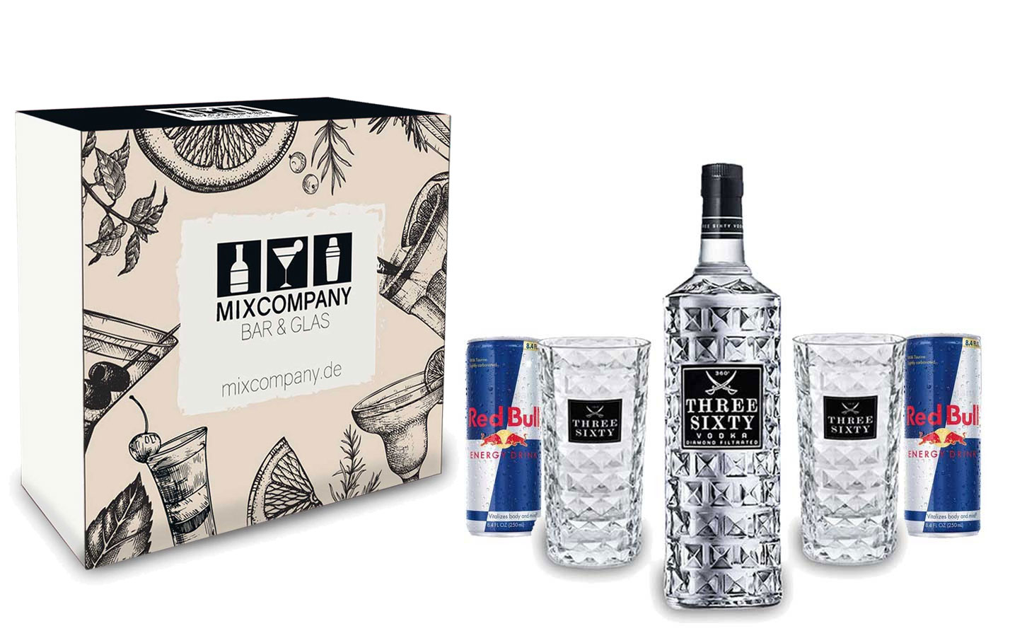 Three Sixty Geschenk Set - Three Sixty Vodka 0,7l 700ml (37,5% Vol) + 2 Gläser + 2 Red Bull 250ml - Inkl. Pfand EINWEG