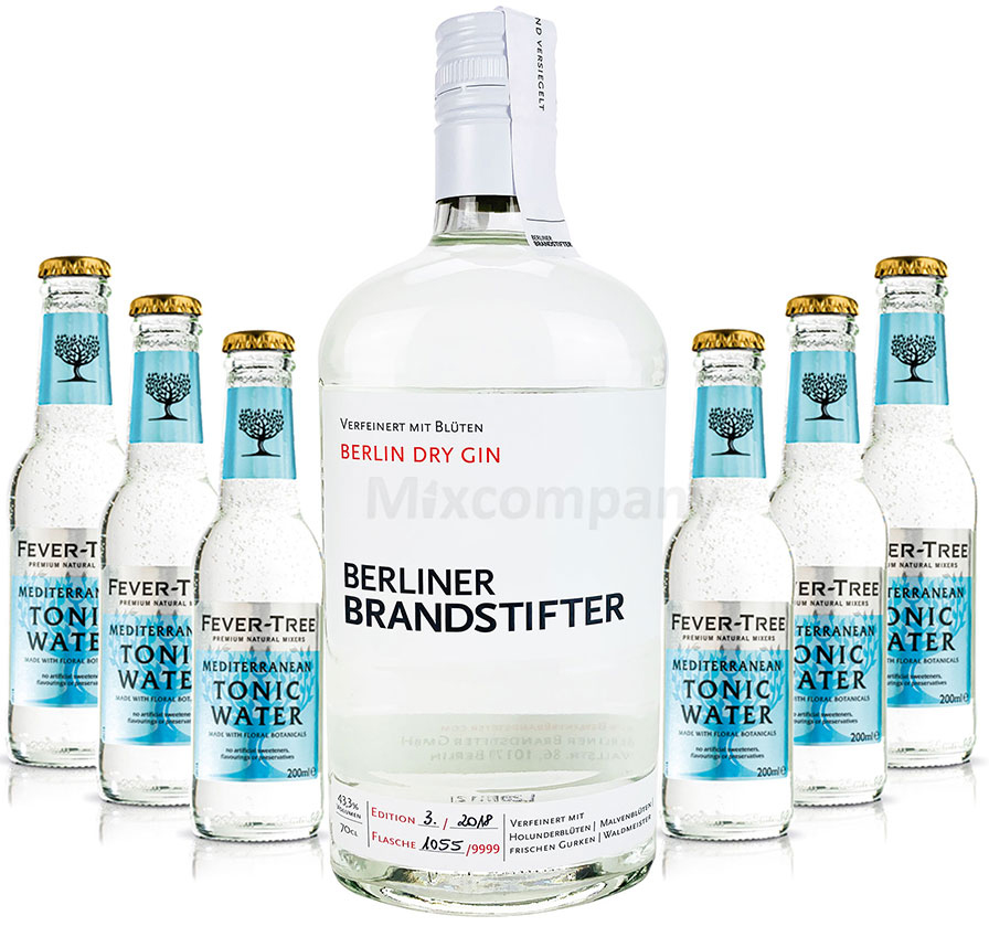 Brandstifter Berlin Dry Gin 0,7l (43,3% Vol) + 6x Fever-Tree Mediterranean Tonic Water 0,2 MEHRWEG Bar Longdrink Cocktail Sammlung Gin Tonic inkl. PFAND- [Enthält Sulfite]