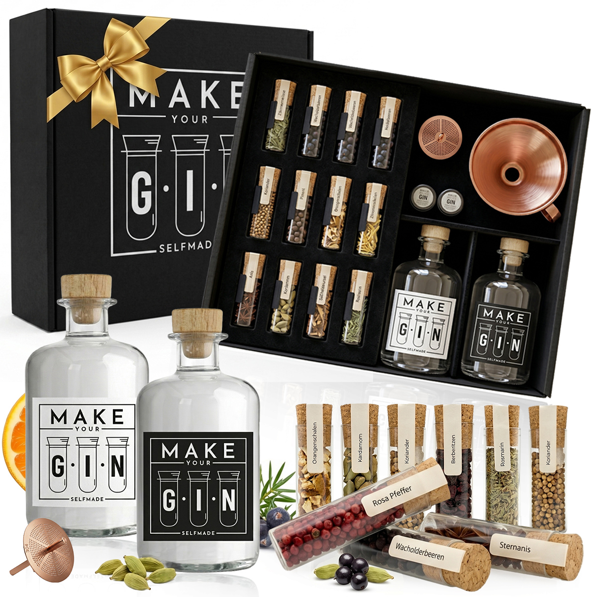 Das komplette „Make Your Gin“-Set vor weißem Hintergrund. Es enthält eine leere Glasflasche mit Korken, einen Glastrichter, eine Flasche Basis-Alkohol und zwei Gläser mit Botanicals (Kaffeebohnen und Safranfäden).