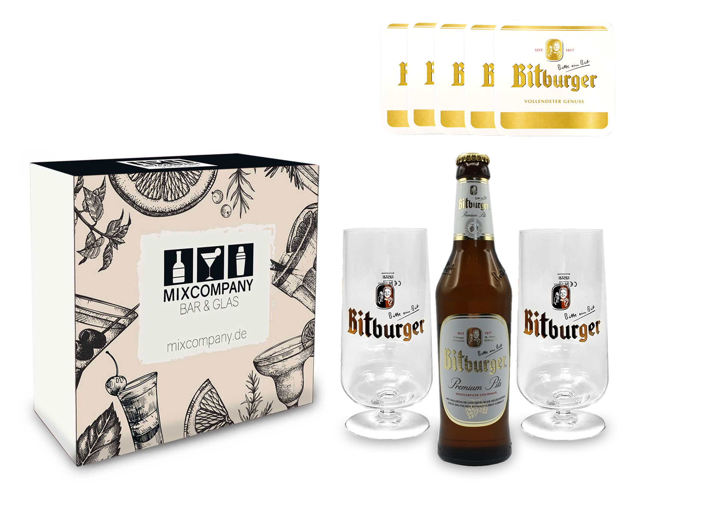 Bitburger Pils Set / Geschenkset - 1x Bitburger Premium Pils 330ml (4,8% Vol) + 2x Bitburger Gläser 0,2L + 10x Bitburger Bierdeckel - Inkl. Pfand MEHRWEG