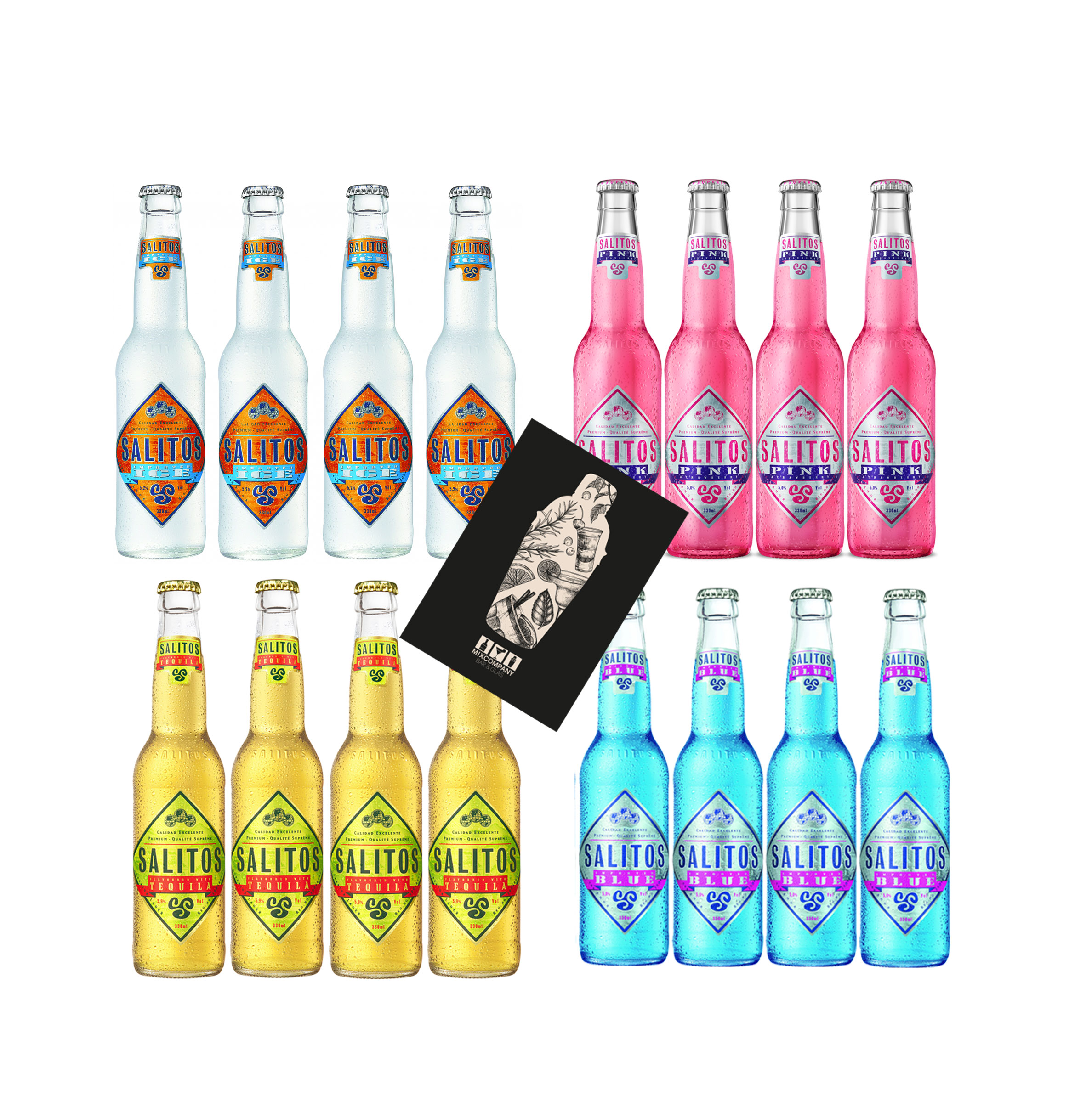 Salitos 16er Bier Mix Set 4 pro Sorte Blue +  Ice +  Tequila + Pink Beer je 0,33L (5% - 5,9%vol) inkl. Pfand MEHRWEG mit Mixcompany Grußkarte