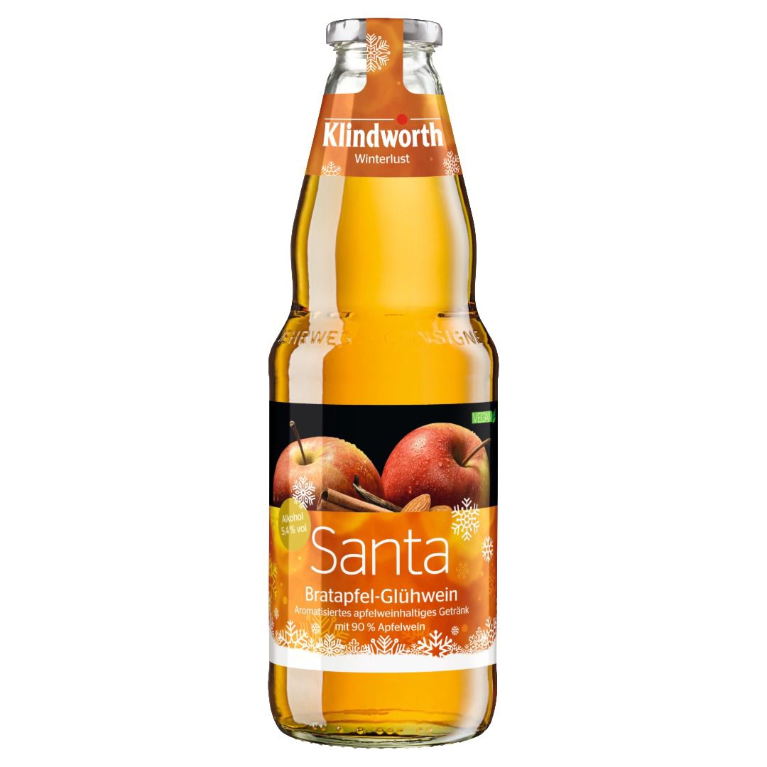 Klindworth Santa Bratapfel-Glühwein – 1L | Aromatisierter Apfelglühwein inkl. Pfand MEHRWEG (5,4 % vol.)- [Enthält Sulfite]