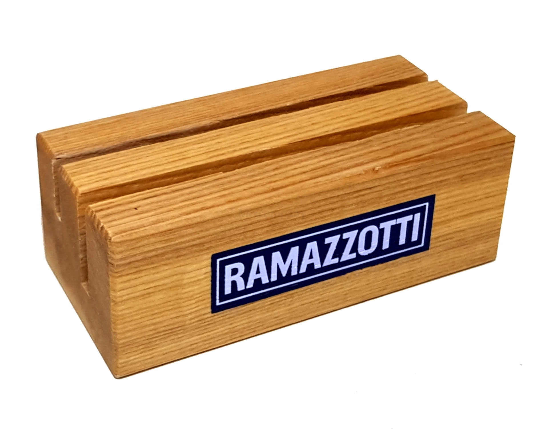 Ramazzotti Halter Kartenständer auf Holz sind zwei verschiedene Schlitze vorhanden, wovon einer mit einem Kunststoffschild bestückt is