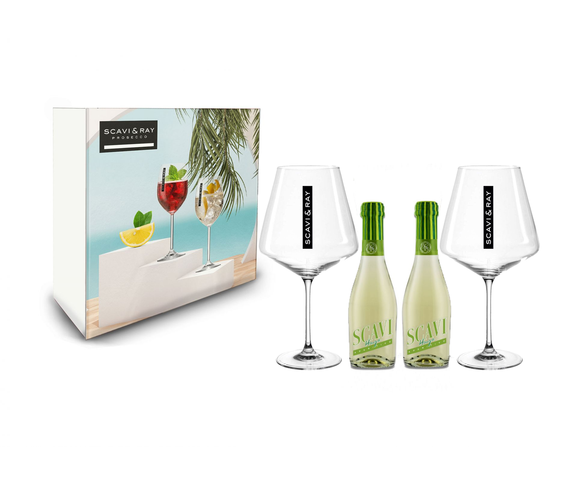 Scavi & Ray Geschenkset Scavi Ray Schuber 2x Hugo Aperitivo Piccolo je 0,2L (6% Vol) mit 2x Scavi Weinglas Stilglas klar- [Enthält Sulfite]