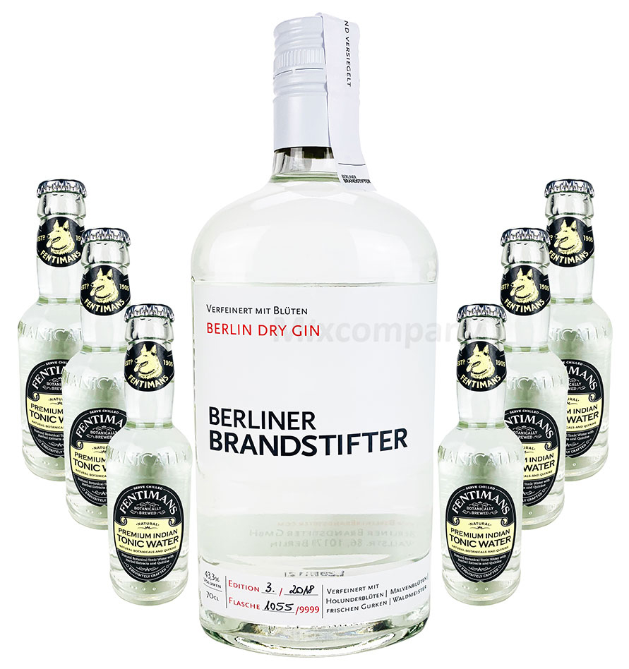 Brandstifter Berlin Dry Gin 0,7l (43,3% Vol) + 6 x Fentimans Premium Indian Tonic Water 0,2l MEHRWEG Bar Longdrink Cocktail Sammlung Gin Tonic inkl. PFAND- [Enthält Sulfite]