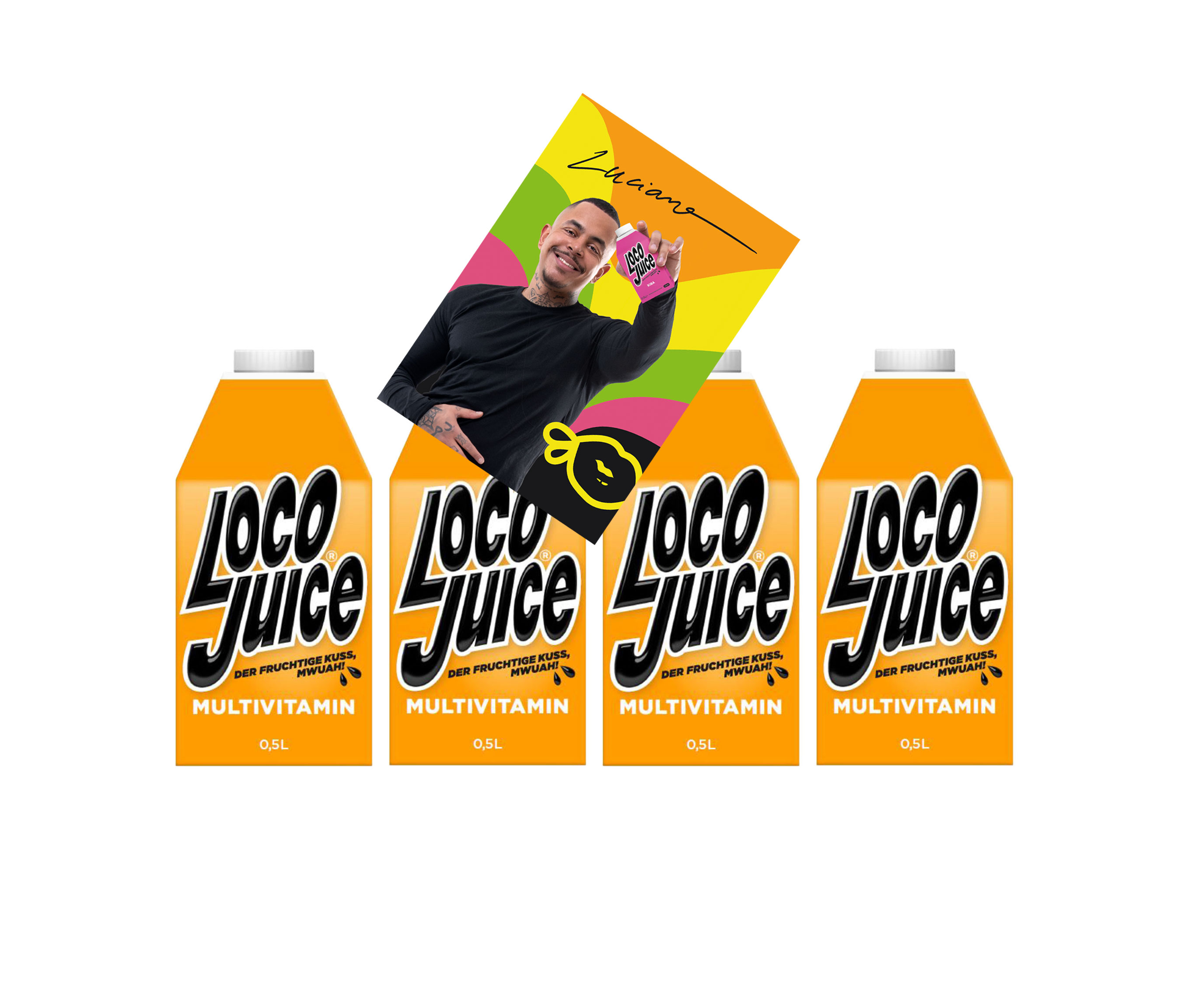 Loco Juice 4er Set Multivitamin 4x 0,5L von Luciano der Fruchtige Mwuah + digitalisierte Autogrammkarte