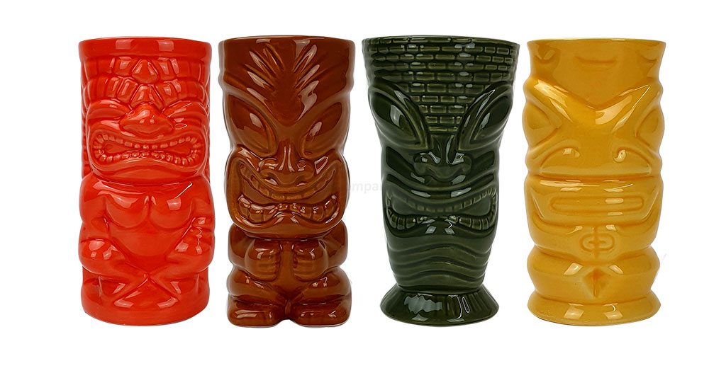 Mahiki Tiki Keramik-Becher , 4x Tiki Mug, Orange / Braun / Grün / Gelb / Cocktailbecher in Tiki-Version
