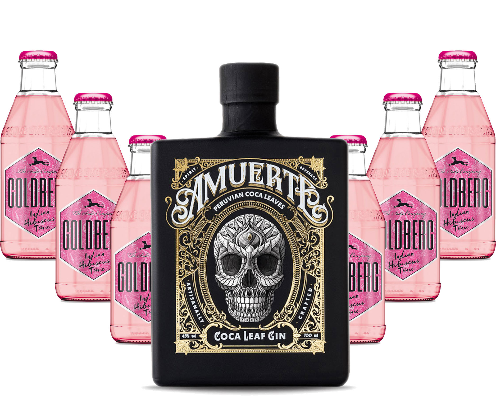 Gin Tonic Set - Amuerte Black Coca Leaf Koks Gin 0,7l (43% Vol) + 6x Goldberg Indian Hibiscus Tonic 200ml inkl. Pfand MEHRWEG -[Enthält Sulfite]