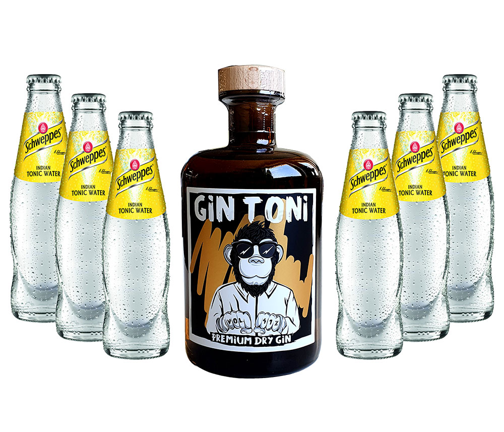 Gin Tonic Set - Gin Toni Premium Dry Gin 0,5l (41% Vol) + 6x Schweppes Indian Tonic Water 200ml inkl. Pfand MEHRWEG -[Enthält Sulfite]
