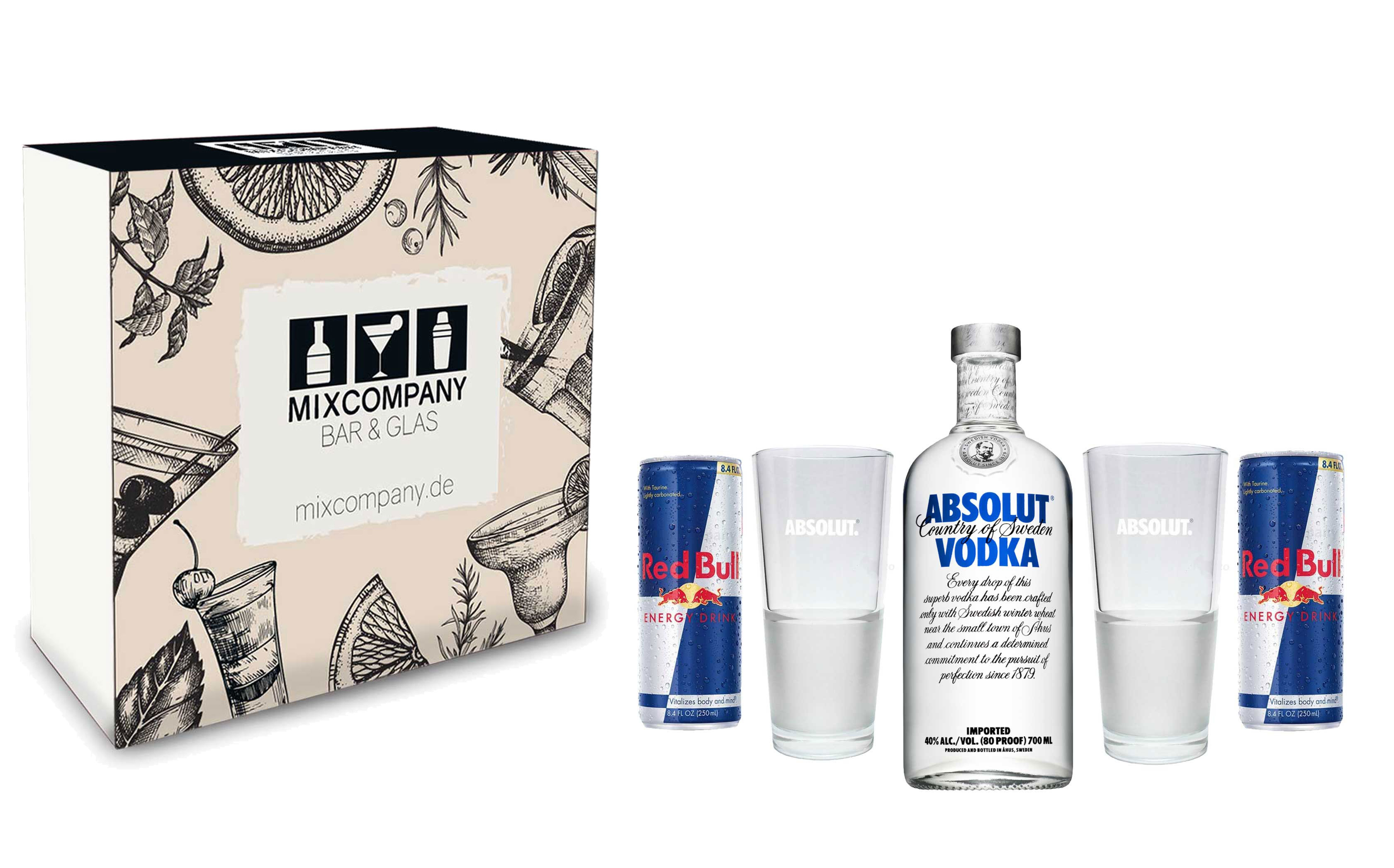 Absolut Vodka Red Bull Geschenk Set - Absolut Vodka (40% Vol) 0,7l 700ml + 2 Absolut Gläser + 2 Red Bull 250ml - Inkl. Pfand EINWEG