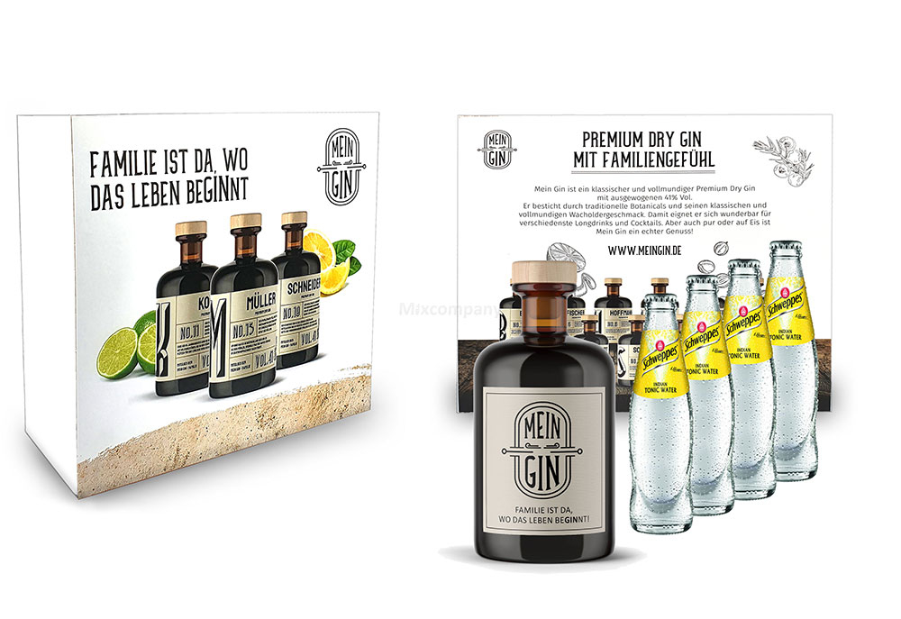 Mein Gin + Tonic Giftbox Geschenkset - Premium Dry Gin 0,5l (41% Vol) + 4x Schweppes Tonic Water 200ml inkl. Pfand MEHRWEG - [Enthält Sulfite]