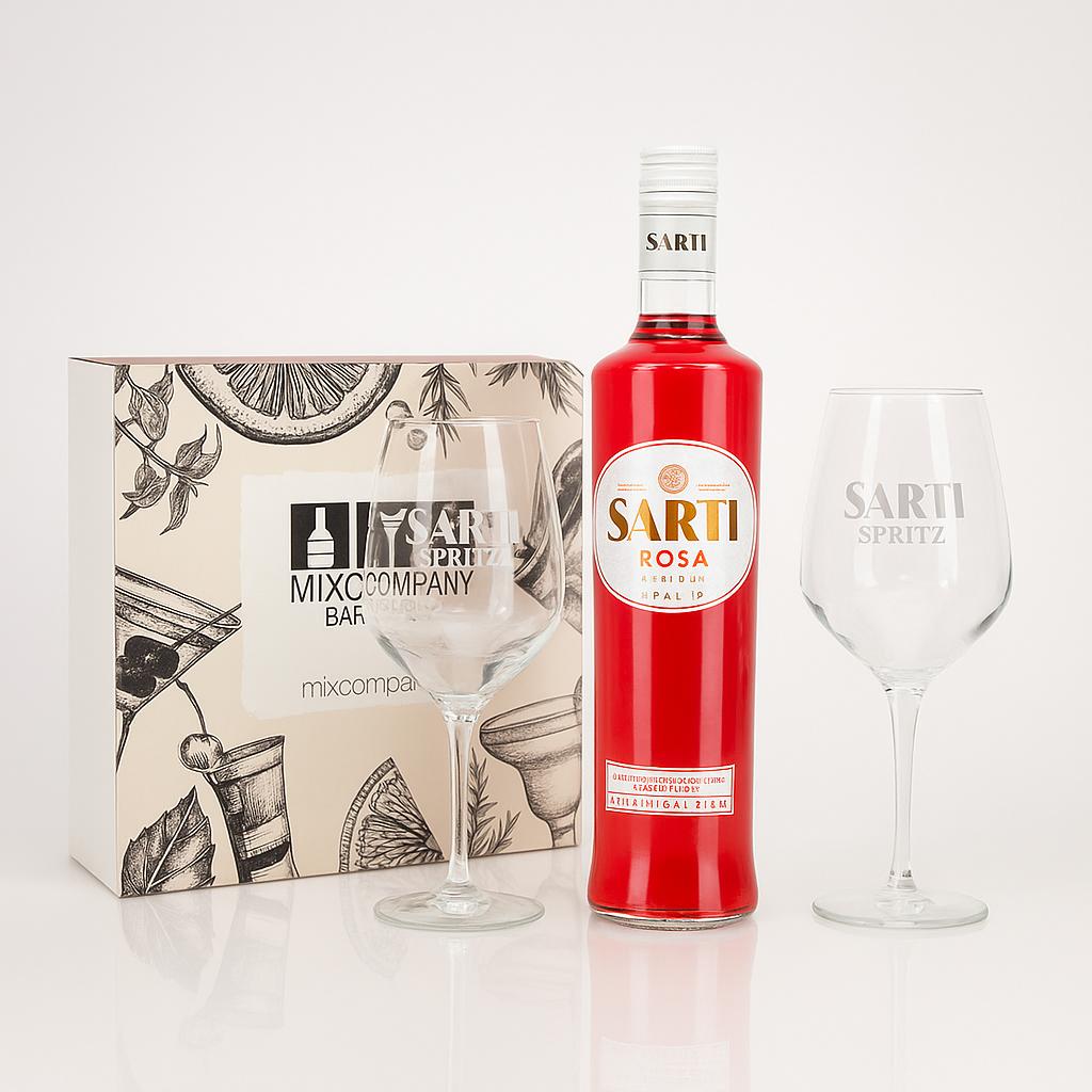Sarti Spritz Geschenkset – Sarti Rosa 0,7L (14% Vol.) mit 2 Original Sarti Spritz Gläsern in Geschenkbox – Aperitivo Set- [Enthält Sulfite]