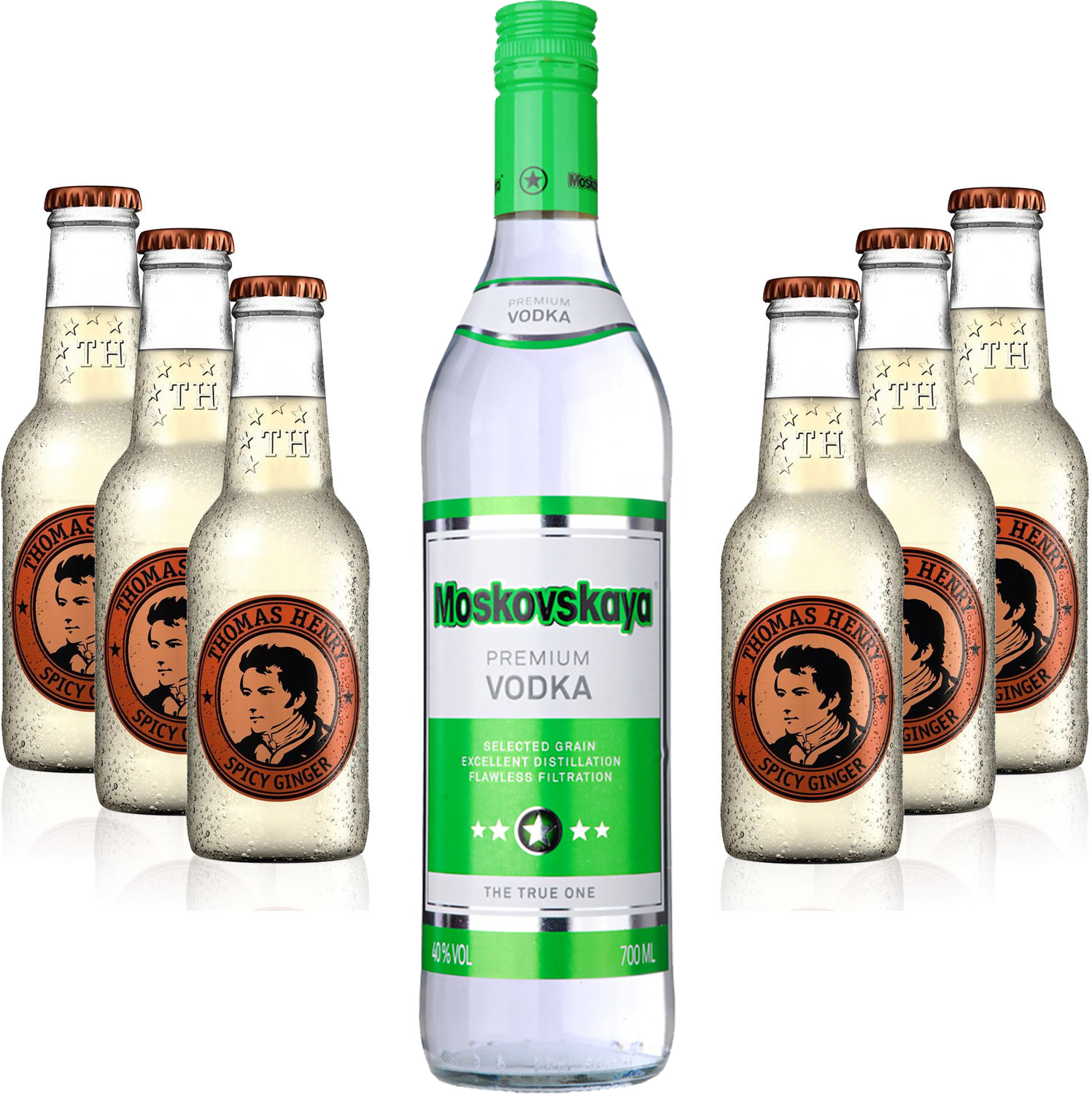 Moscow Mule Set - Moskovskaya Vodka 0,5l (38% Vol) + 6x Thomas Henry Spicy Ginger 200ml - Inkl. Pfand MEHRWEG