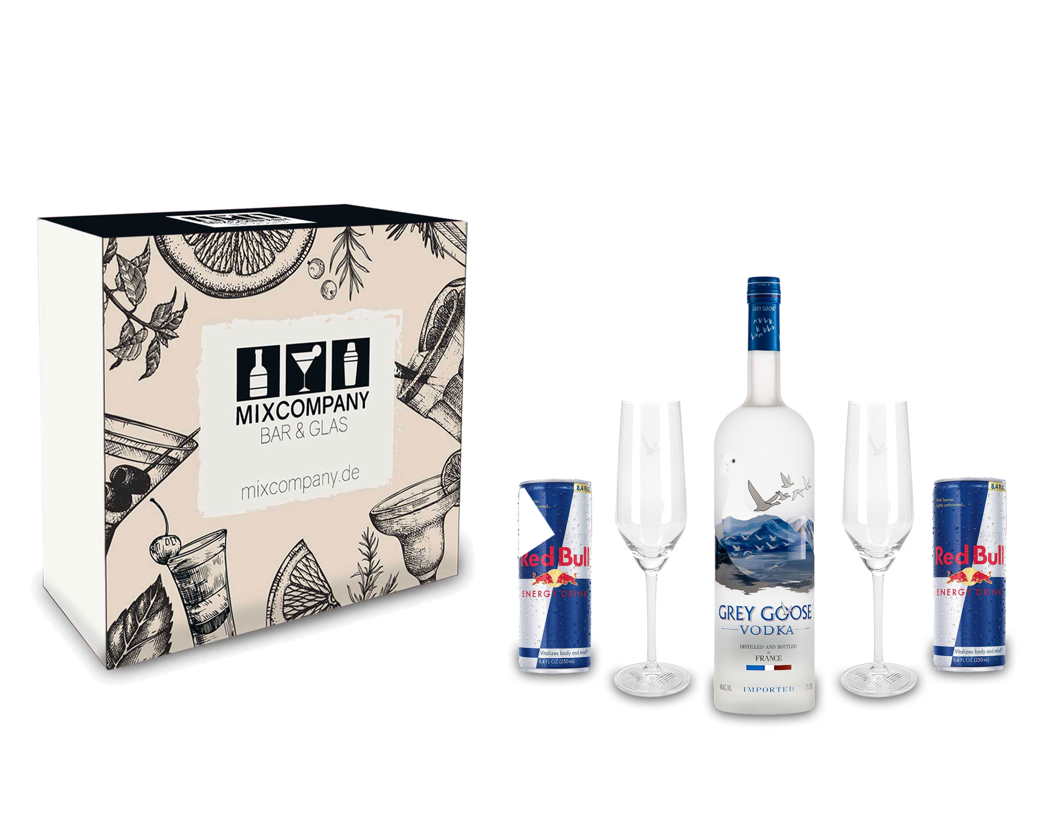 Grey Goose Vodka Geschenk Set - Grey Goose Vodka 0,7l 700ml (40% Vol) + 2 Red Bull 250ml + 2 Flöten Gläser - Inkl. Pfand EINWEG