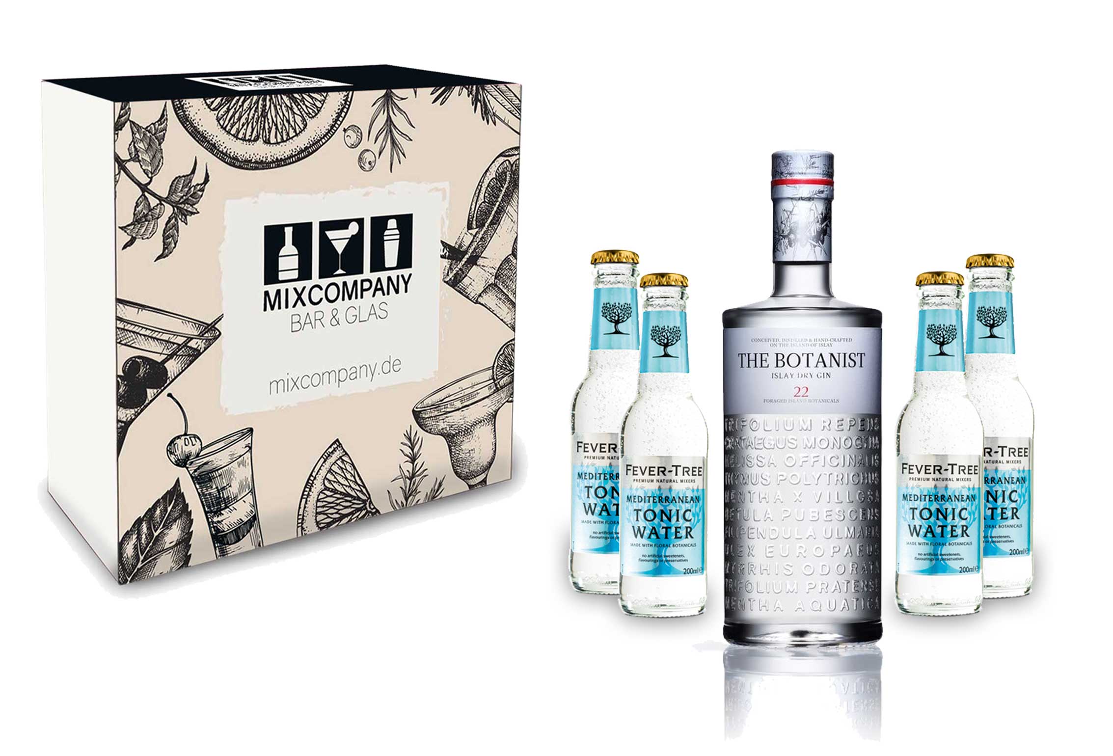 Gin Tonic Giftbox Geschenkset - The Botanist Islay Dry Gin 0,7l 700ml (46% Vol) + 4x Fever Tree Mediterranean Tonic Water 200ml inkl. Pfand MEHRWEG + Geschenkverpackung