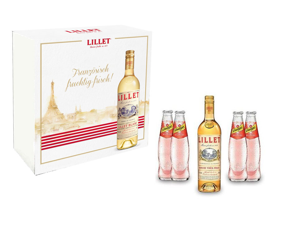 Lillet Schuber Geschenkset - Lillet Blanc Aperitiv de France 750ml (17% Vol) + 4x Schweppes Wild berry 0,2L - Inkl. Pfand MEHRWEG
