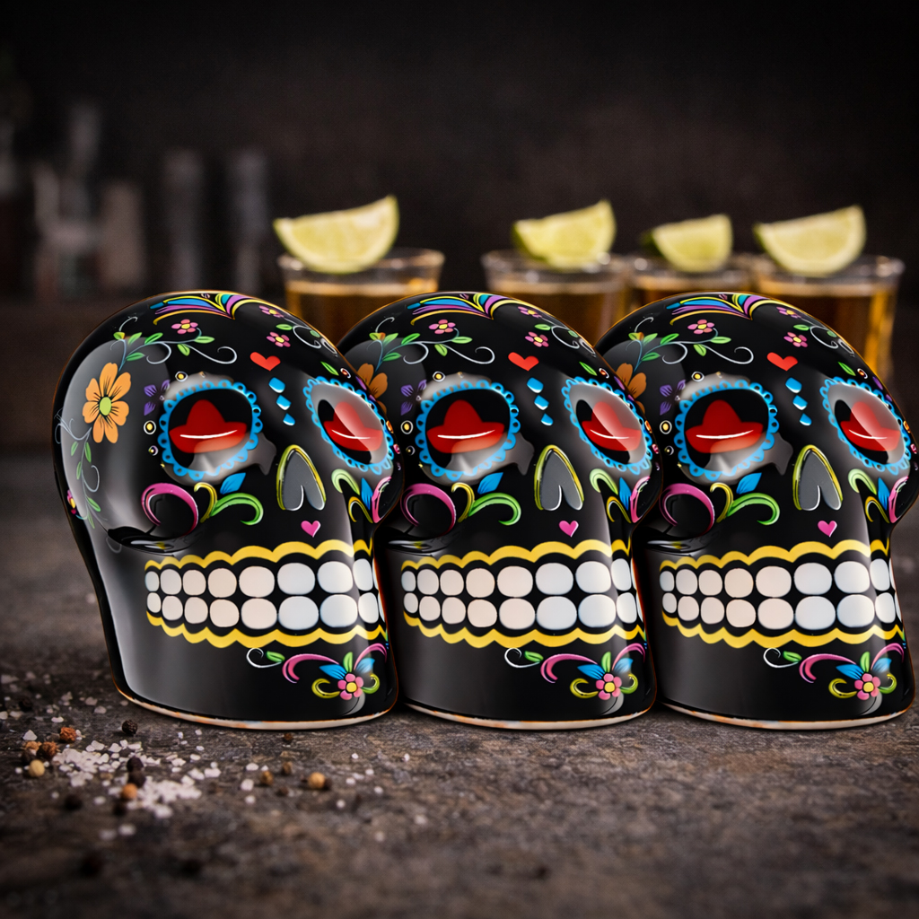 Sierra Tequila 3er-Set Salz- & Zimtstreuer – 3× Skull Schwarz mit Sierra Logo