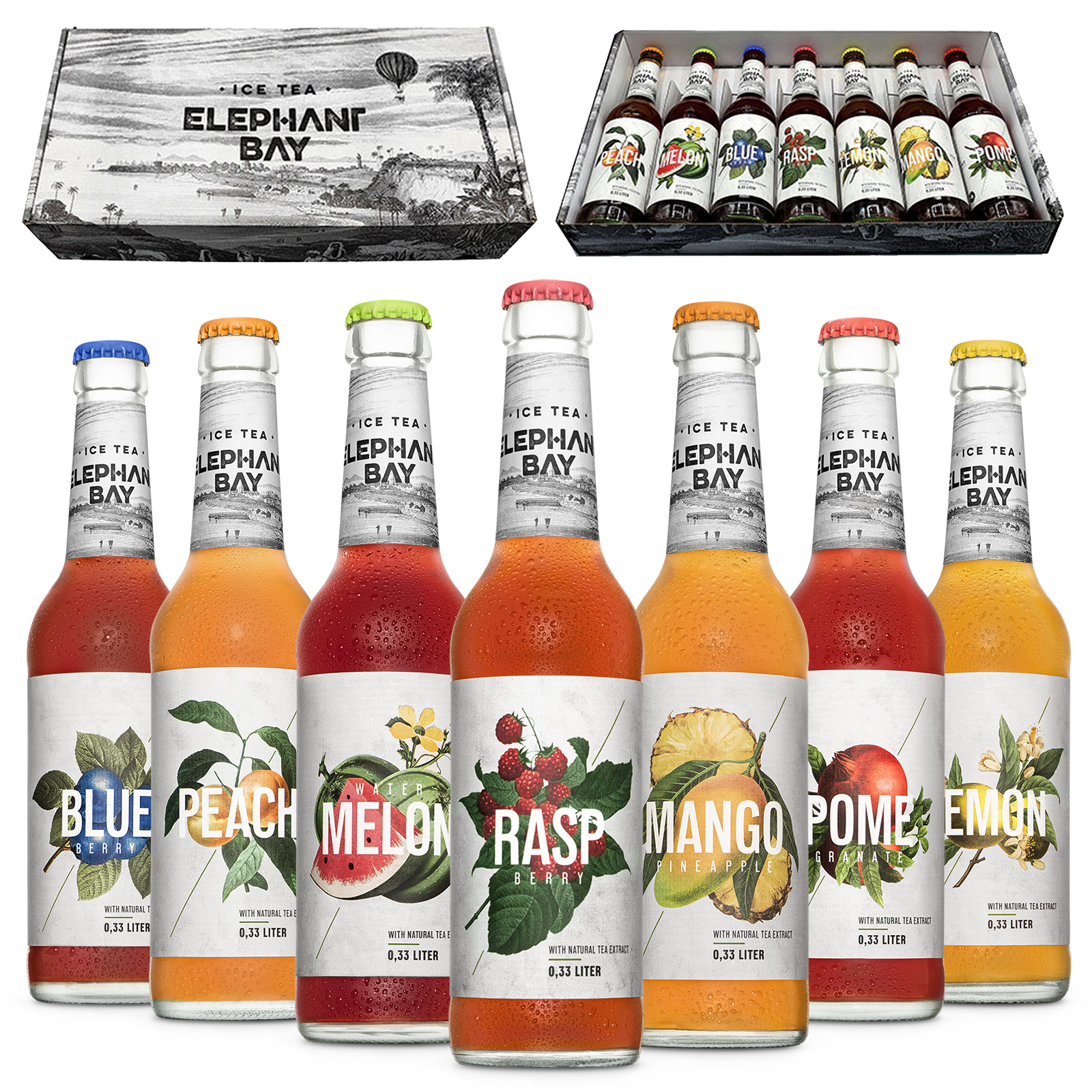 ICE TEA Eistee Elephant Bay - 7 Sorten Probier Set - Peach + Melon + Blueberry + Raspberry + Lemon + Mango + Pomegranate je 330ml